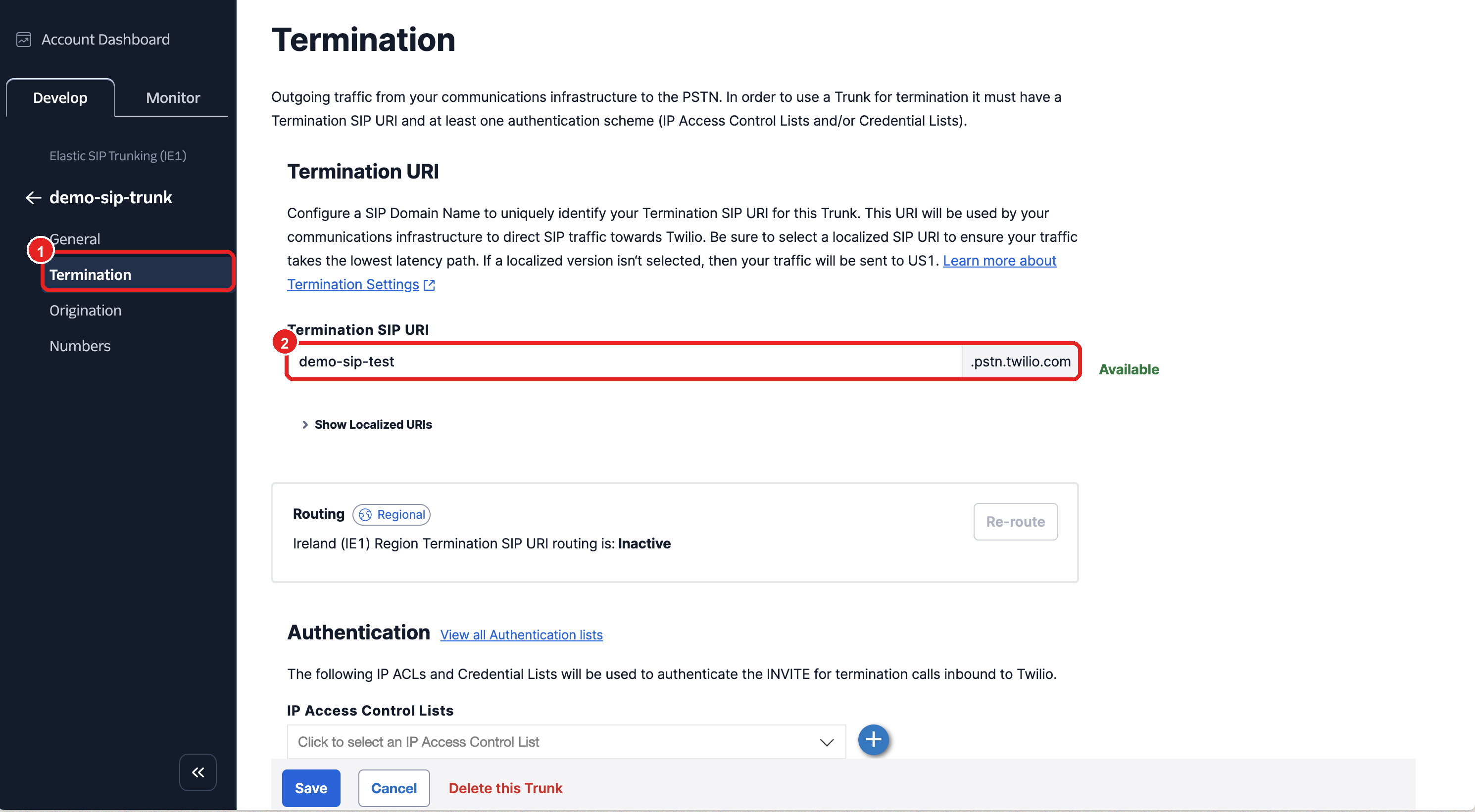 Twilio Termination SIP URI setzen