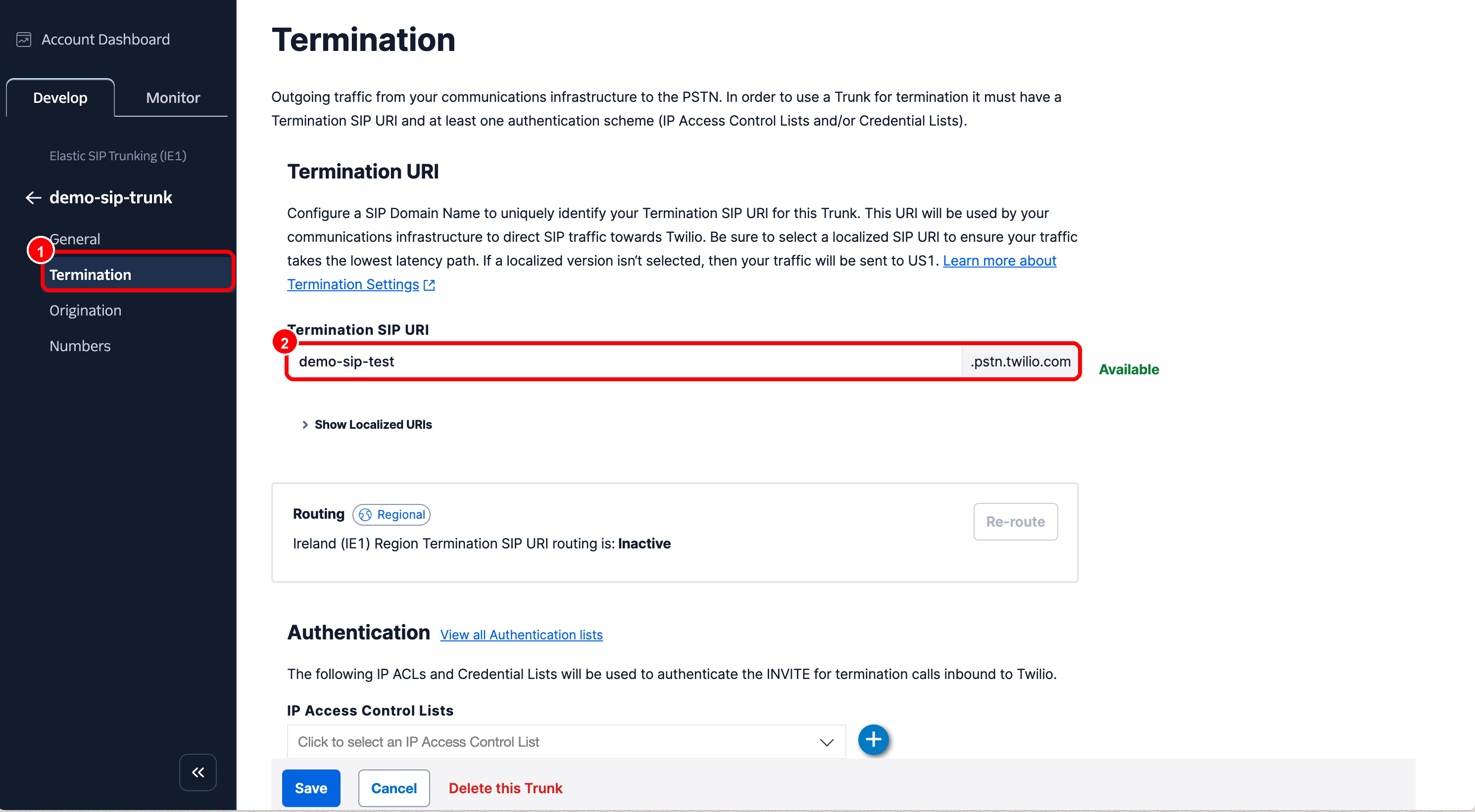 Twilio Termination SIP URI setzen