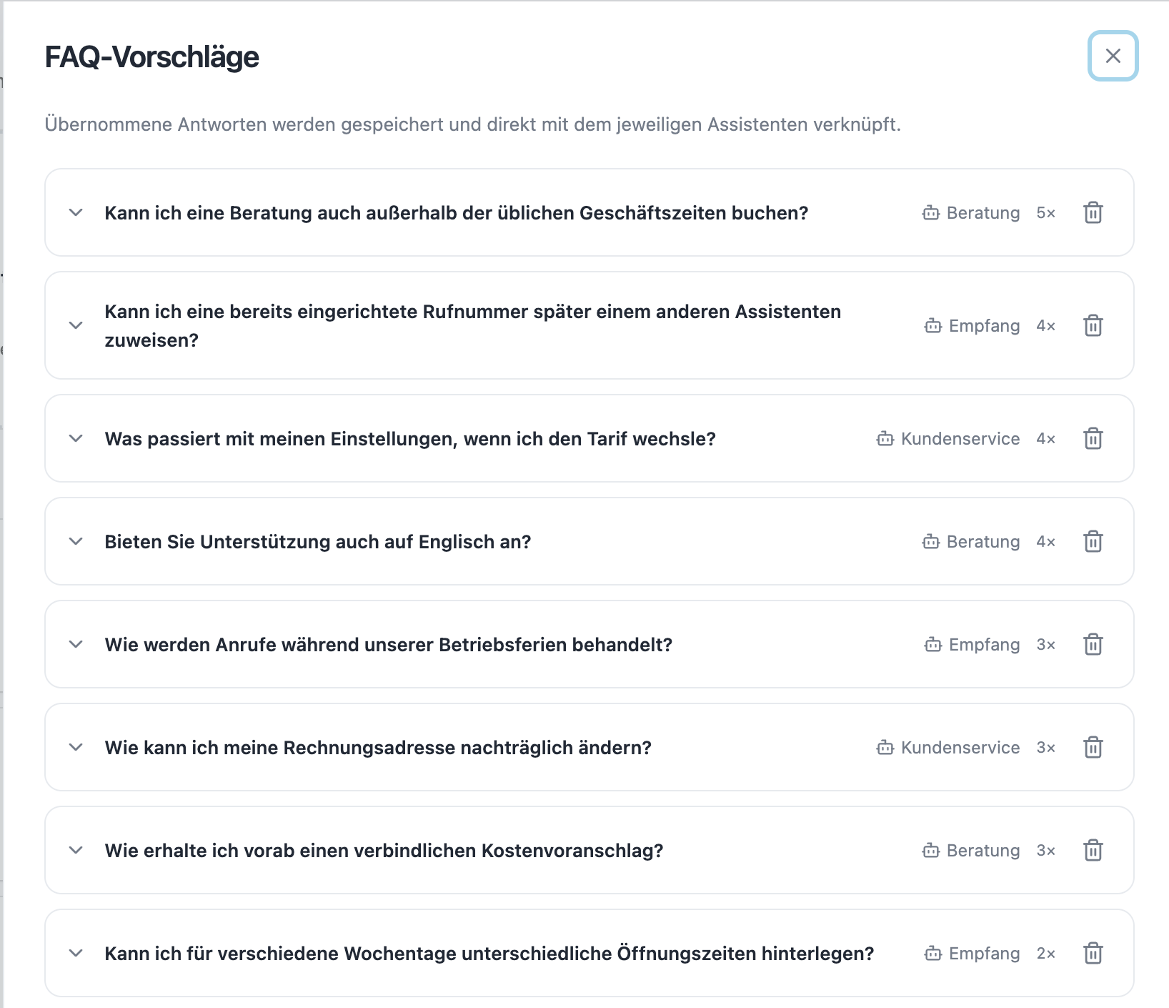 One shared list with assistant names and conversation counters.