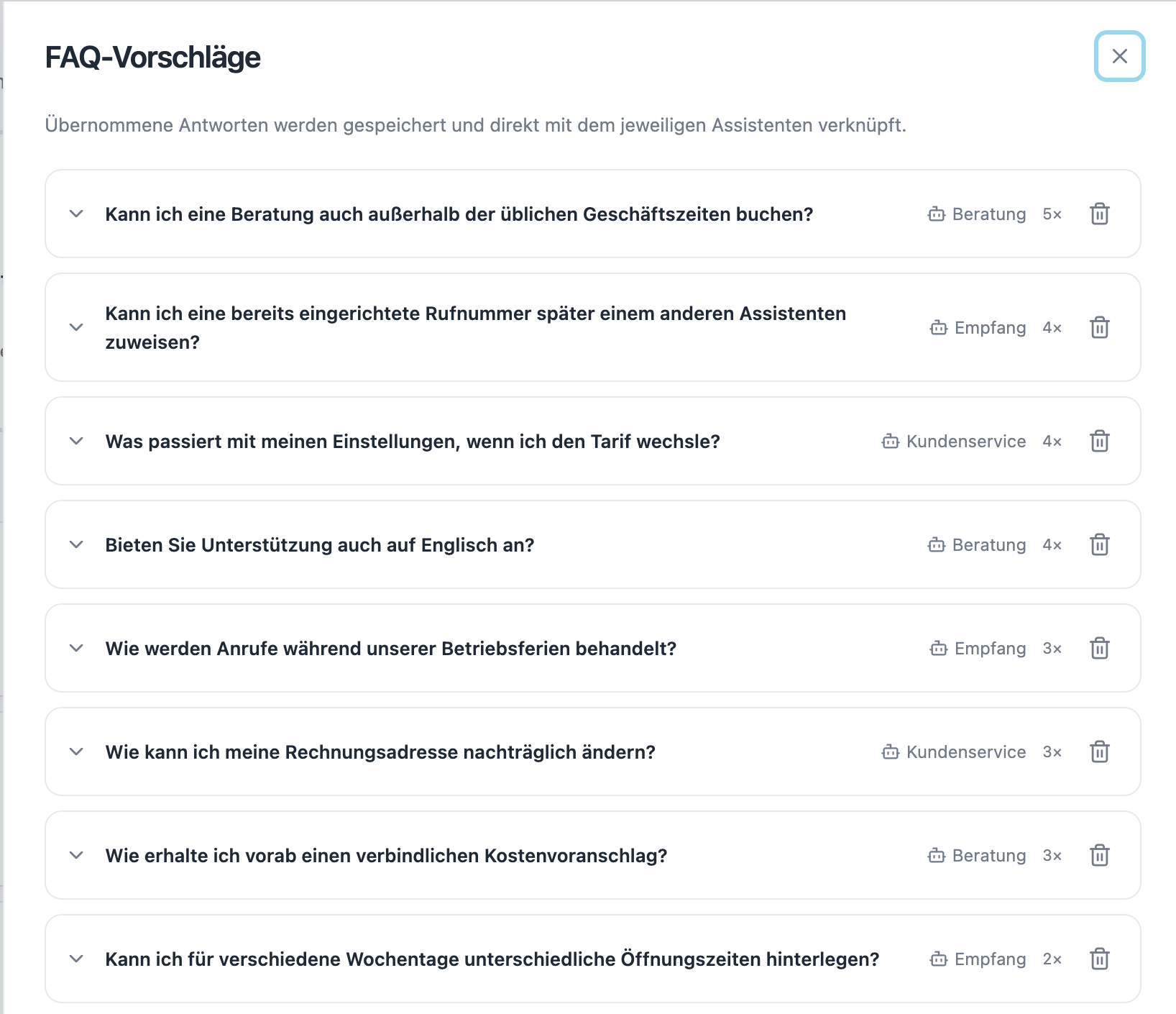 One shared list with assistant names and conversation counters.