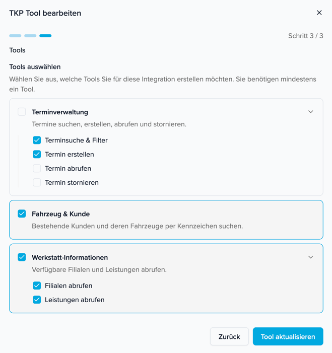 Werkstatt-Termine: Funktionen auswählen