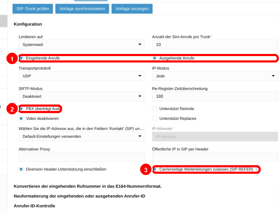 Eingehende, ausgehende Anrufe und SIP REFER am 3CX-Trunk aktivieren