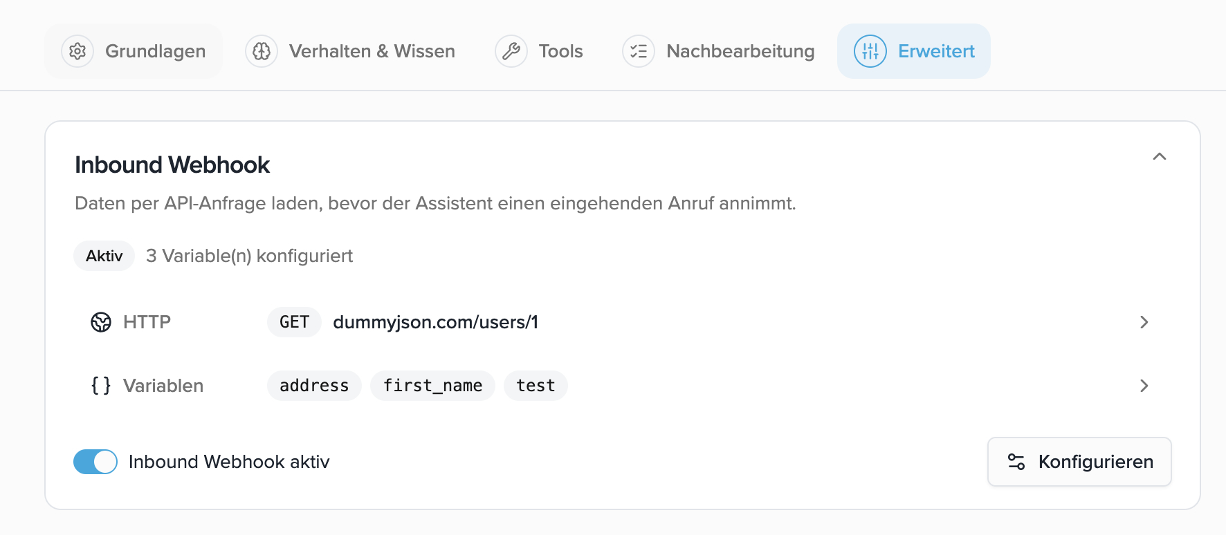 Inbound Webhook im Tab Erweitert