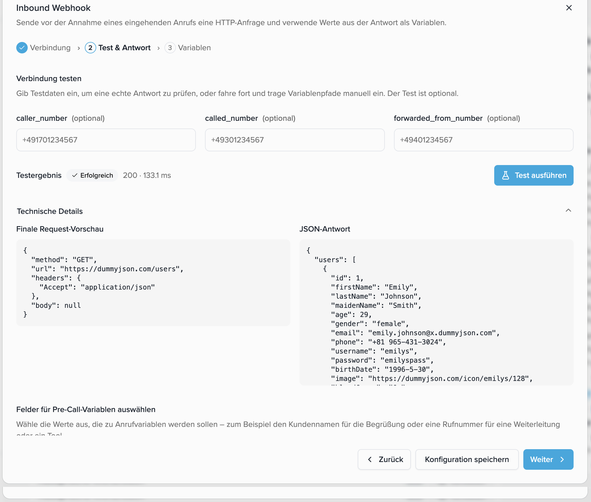 Finale Request-Vorschau und JSON-Antwort