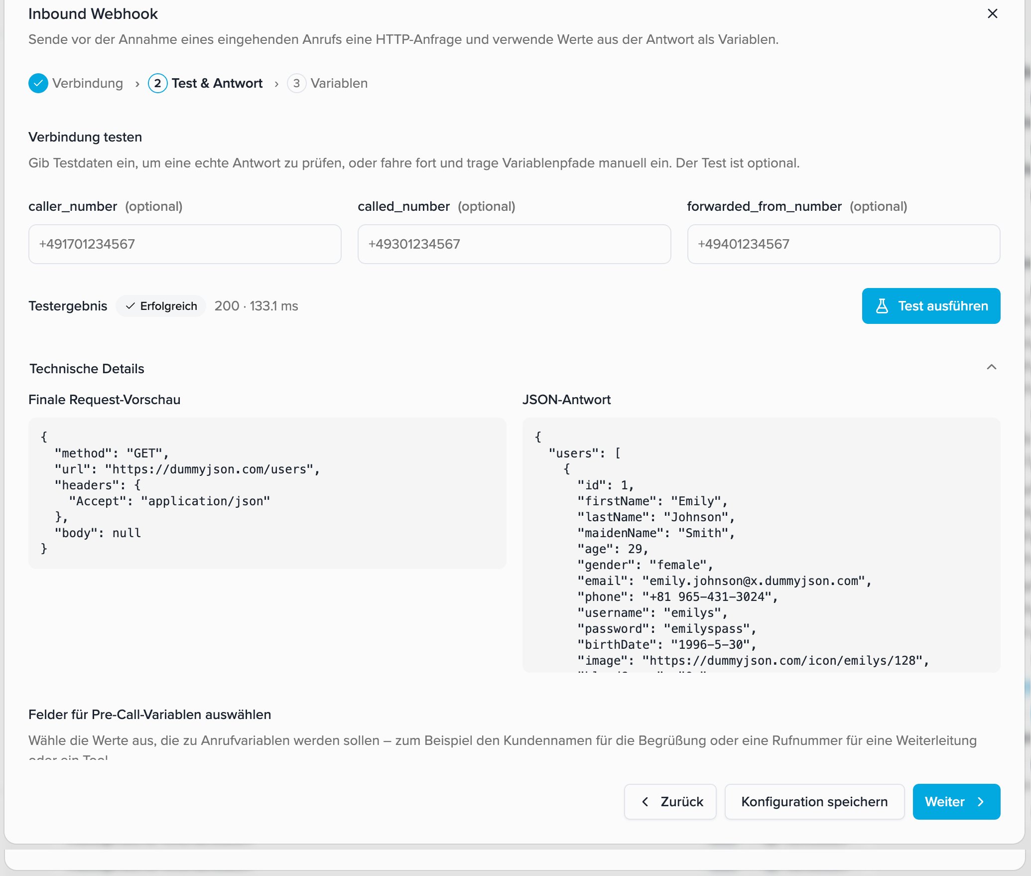 Finale Request-Vorschau und JSON-Antwort