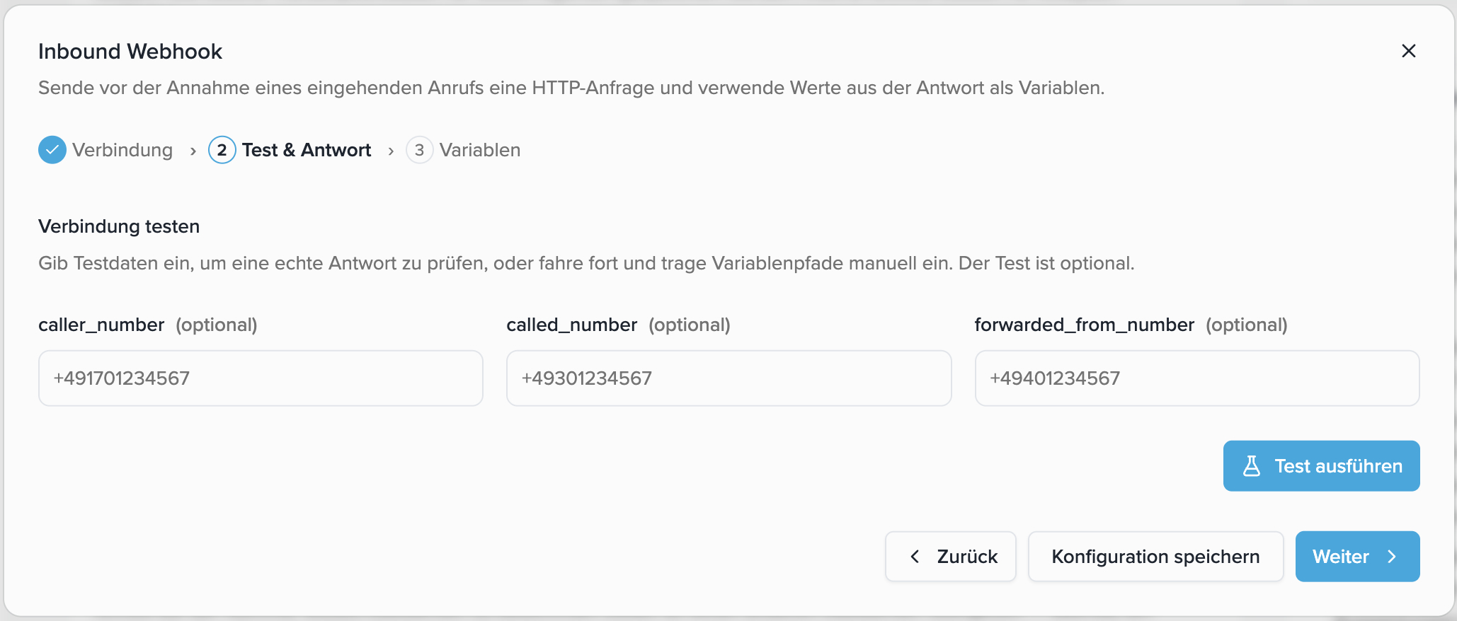 Optionale Testdaten für die HTTP-Anfrage
