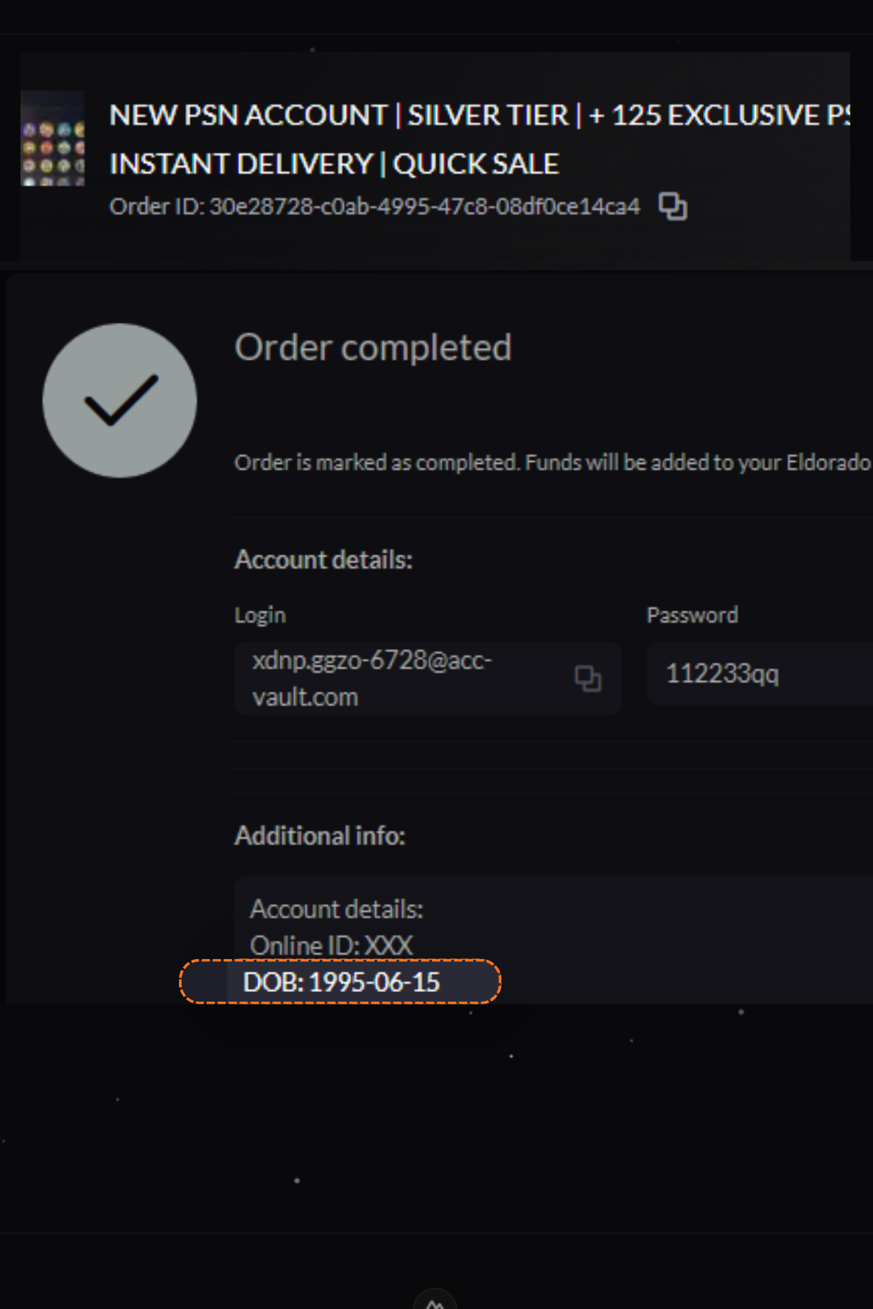 Account details, copy the DOB