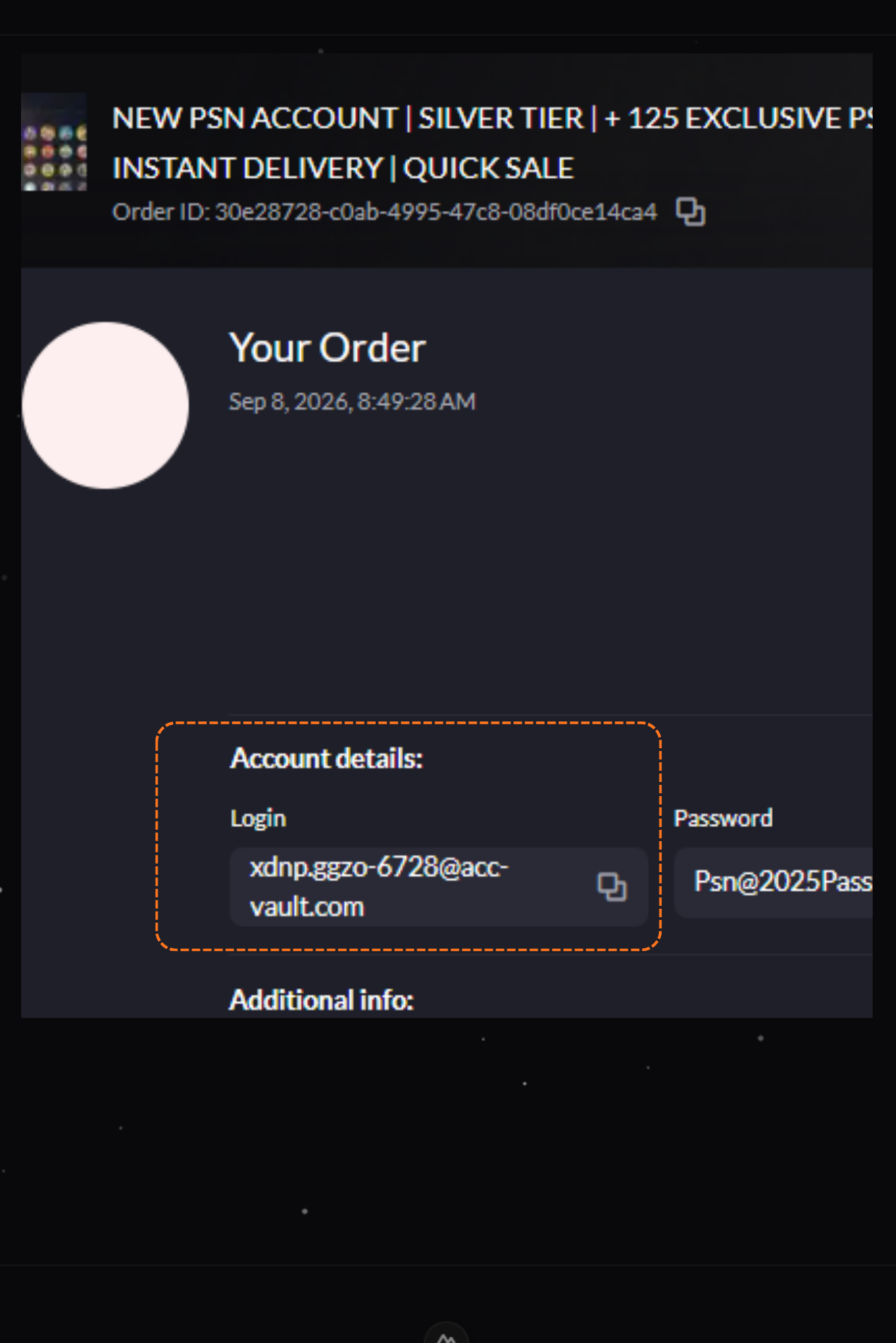 Account details, copy the login email