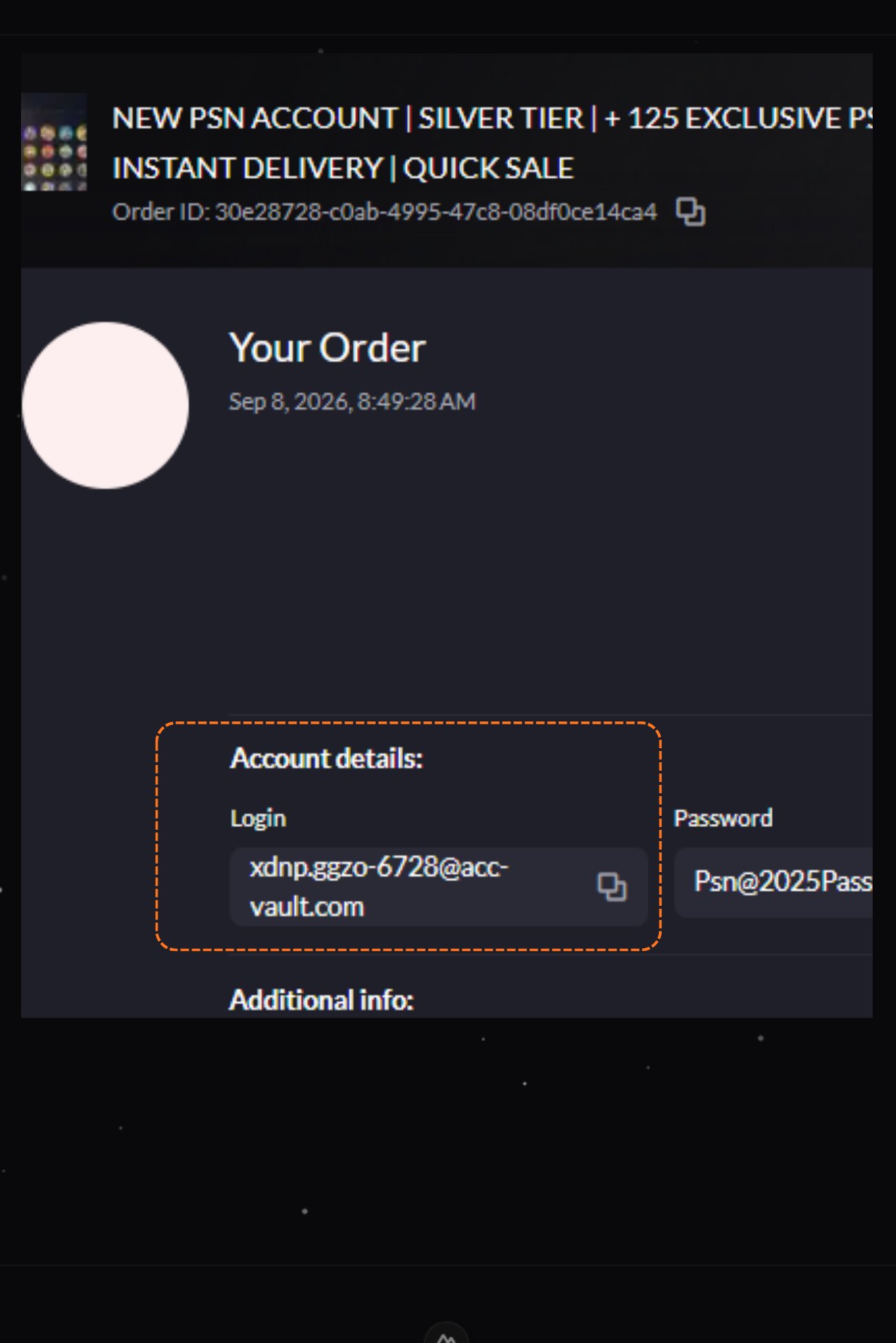 Account details, copy the login email