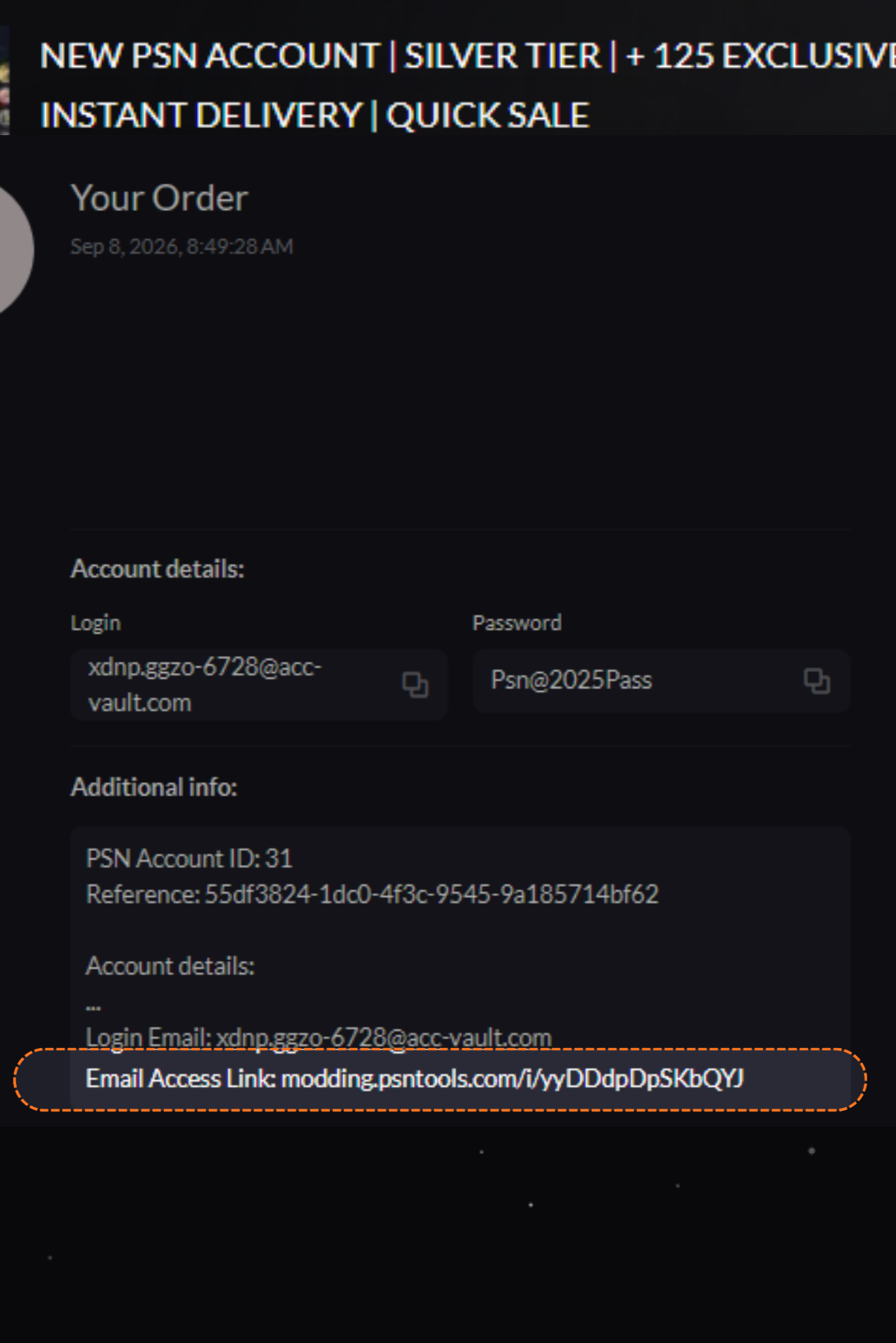 Order page, copy the email access link