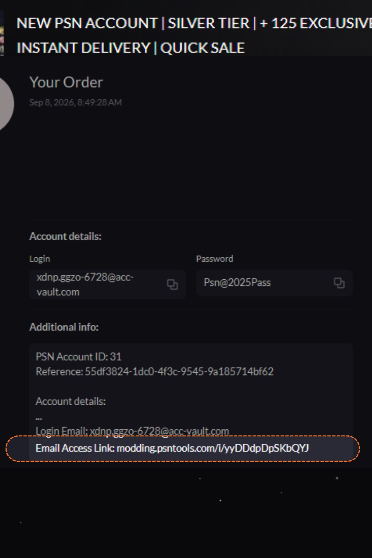 Order page, copy the email access link