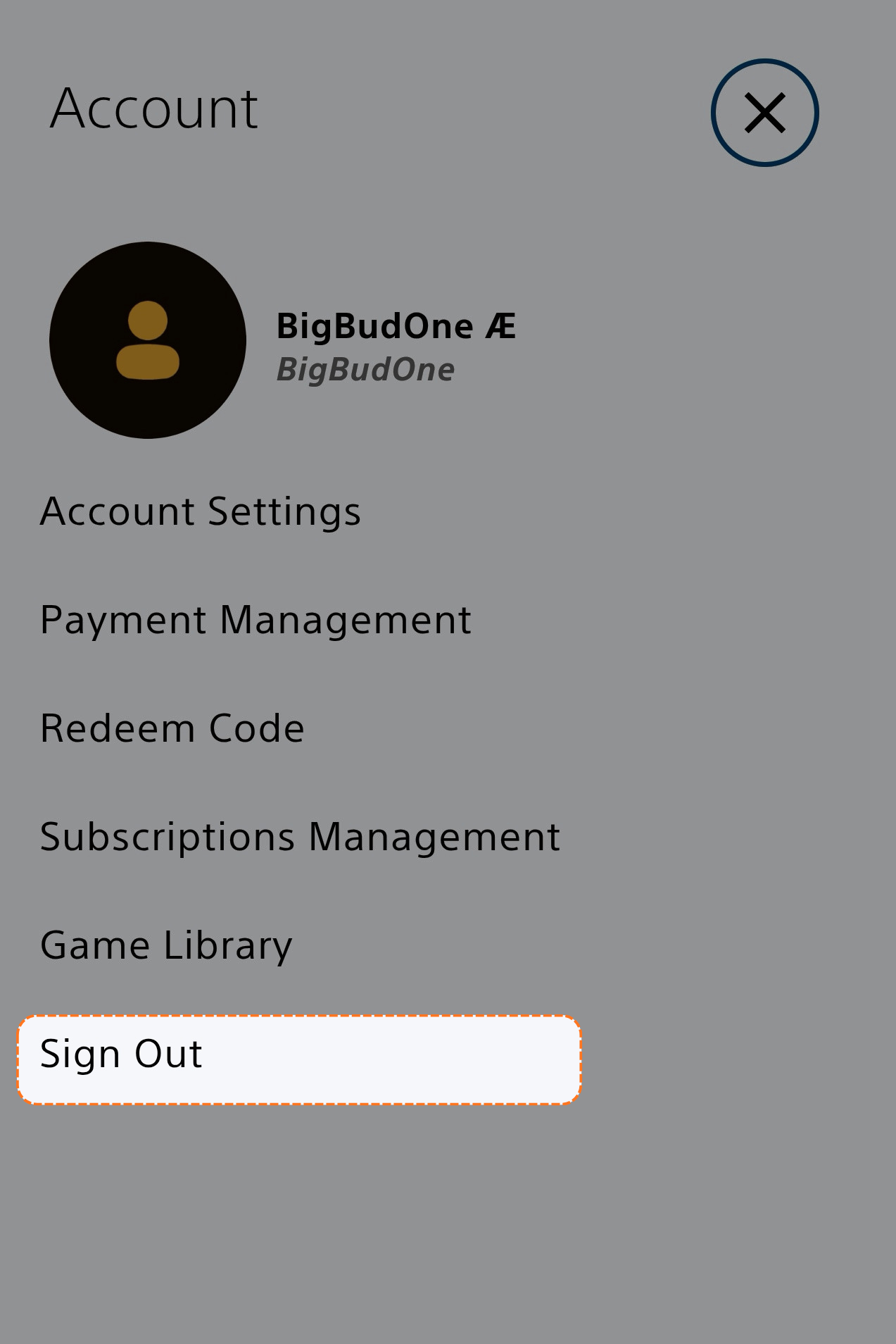 PlayStation account menu, click Sign Out
