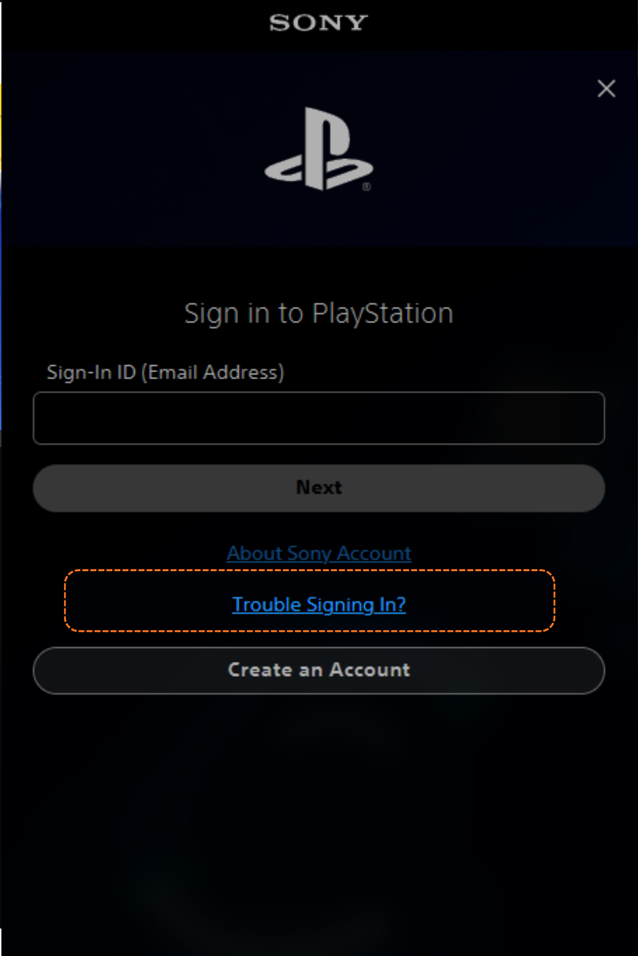 Sign-in page, click Trouble Signing In