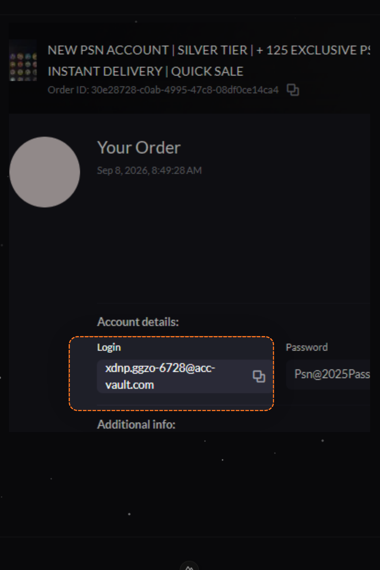 Account details, copy the login email
