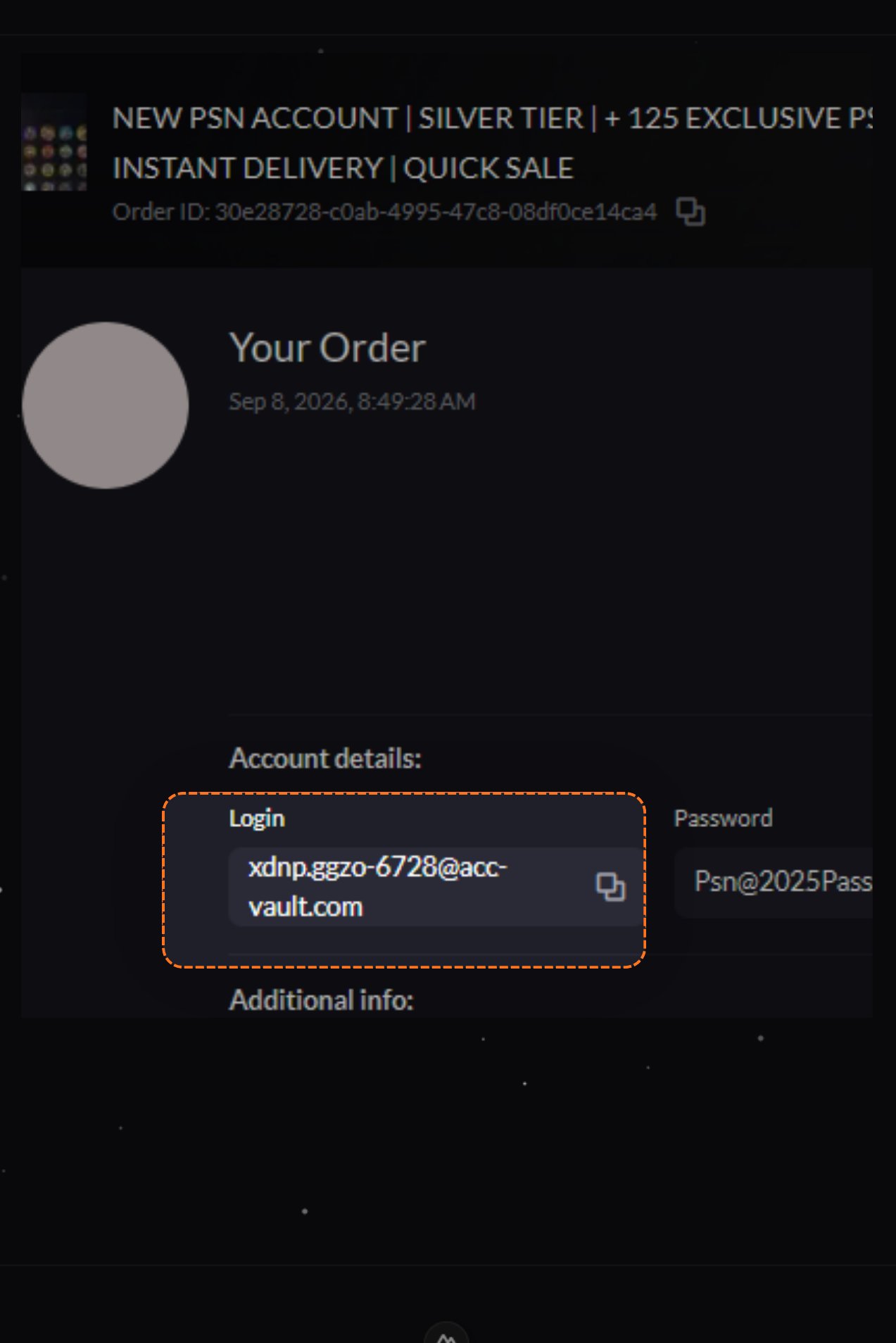 Account details, copy the login email
