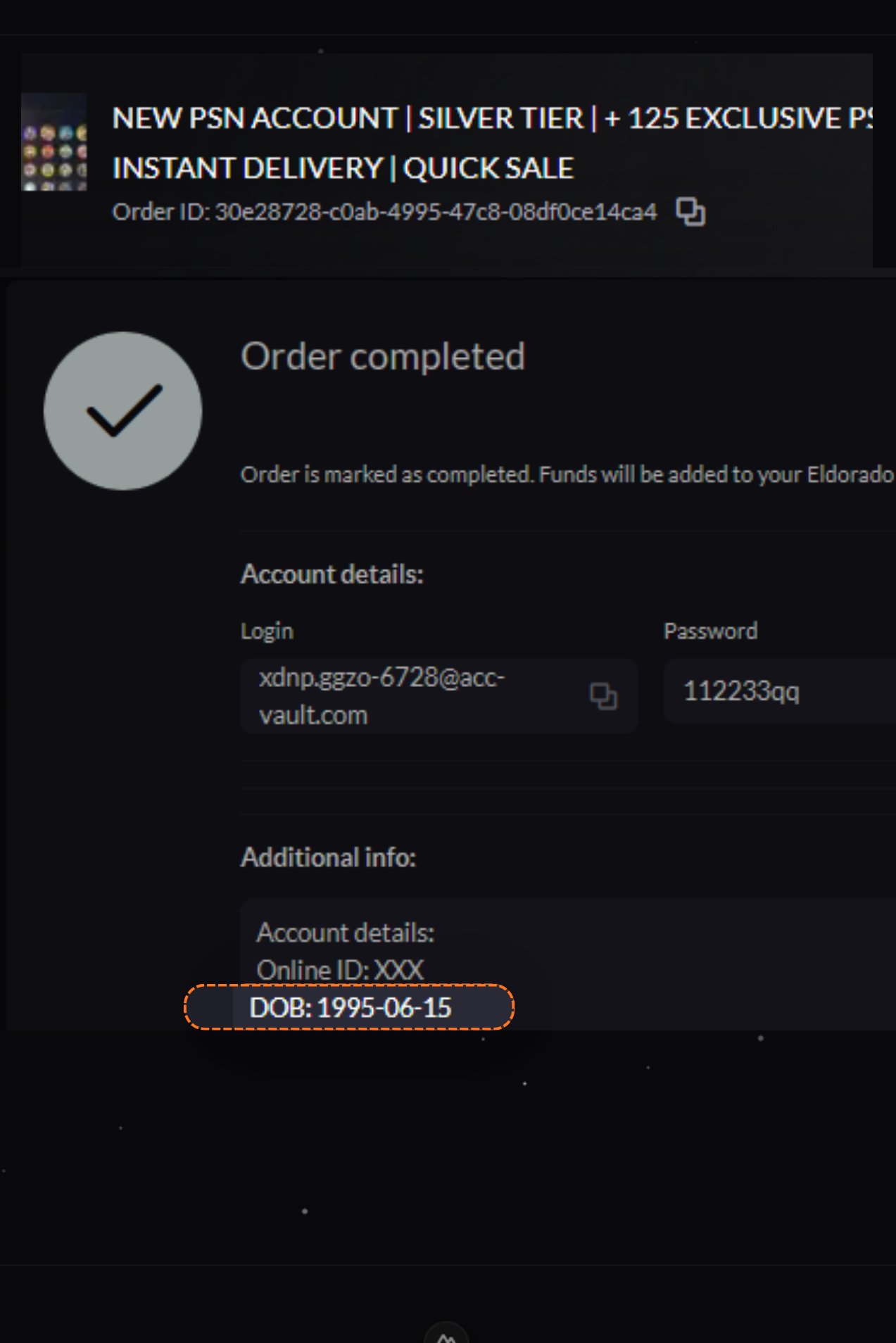 Account details, copy the DOB
