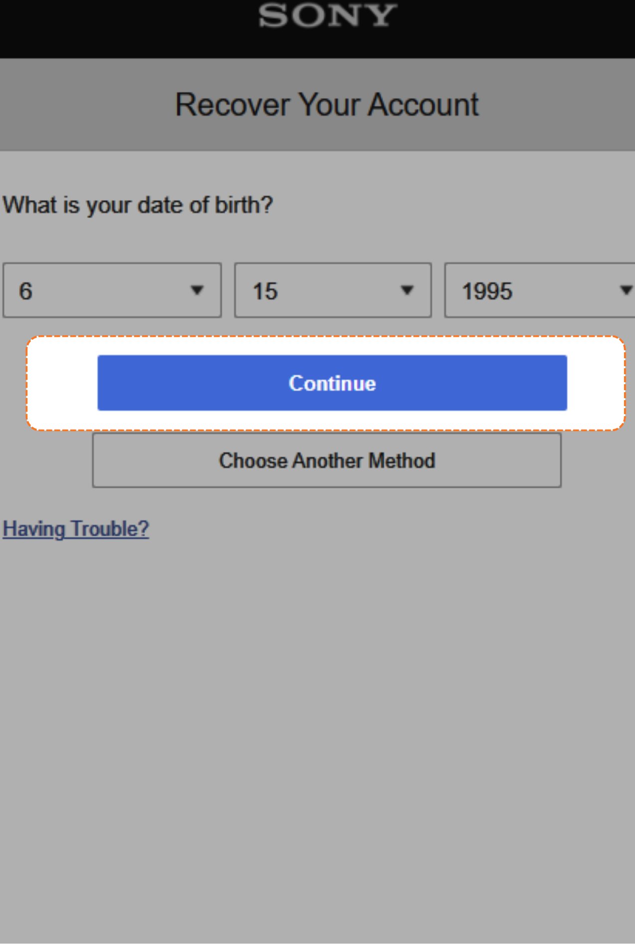 Enter your date of birth, click Continue