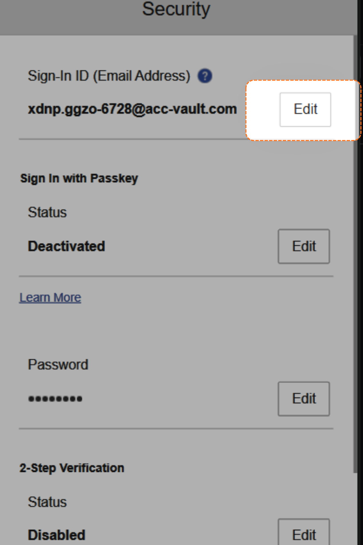Security section, click edit next to the email
