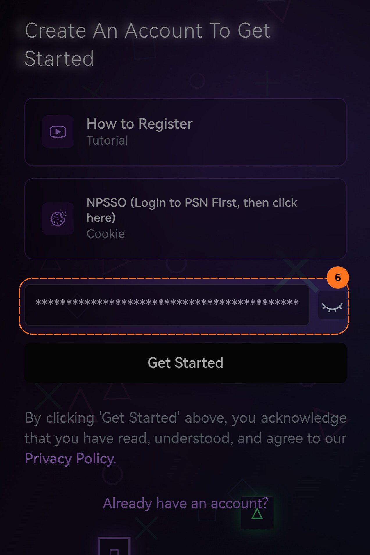 Paste the NPSSO cookie into the sign-up form