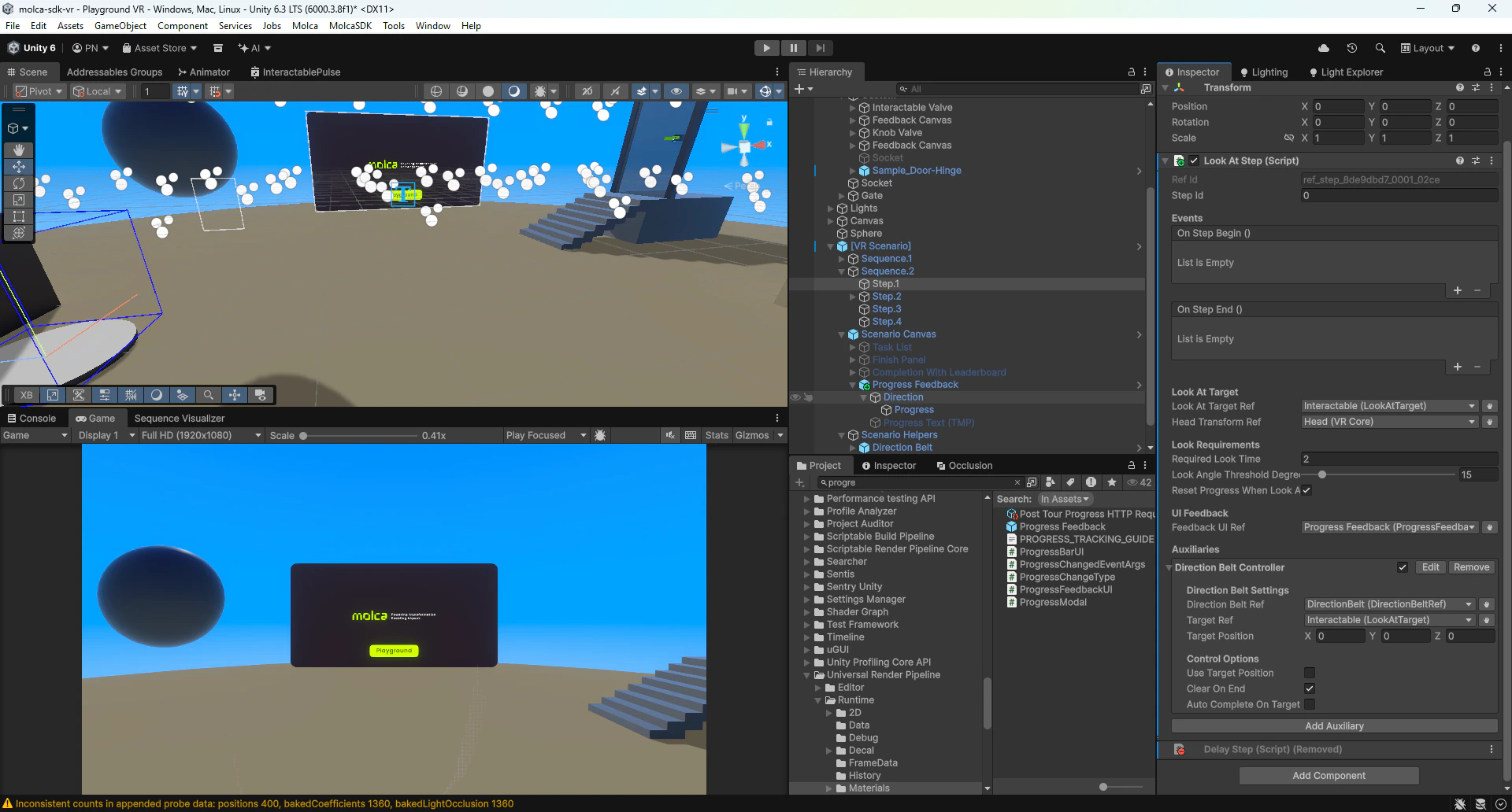 Scene with gaze target, camera, UI canvas, and direction belt