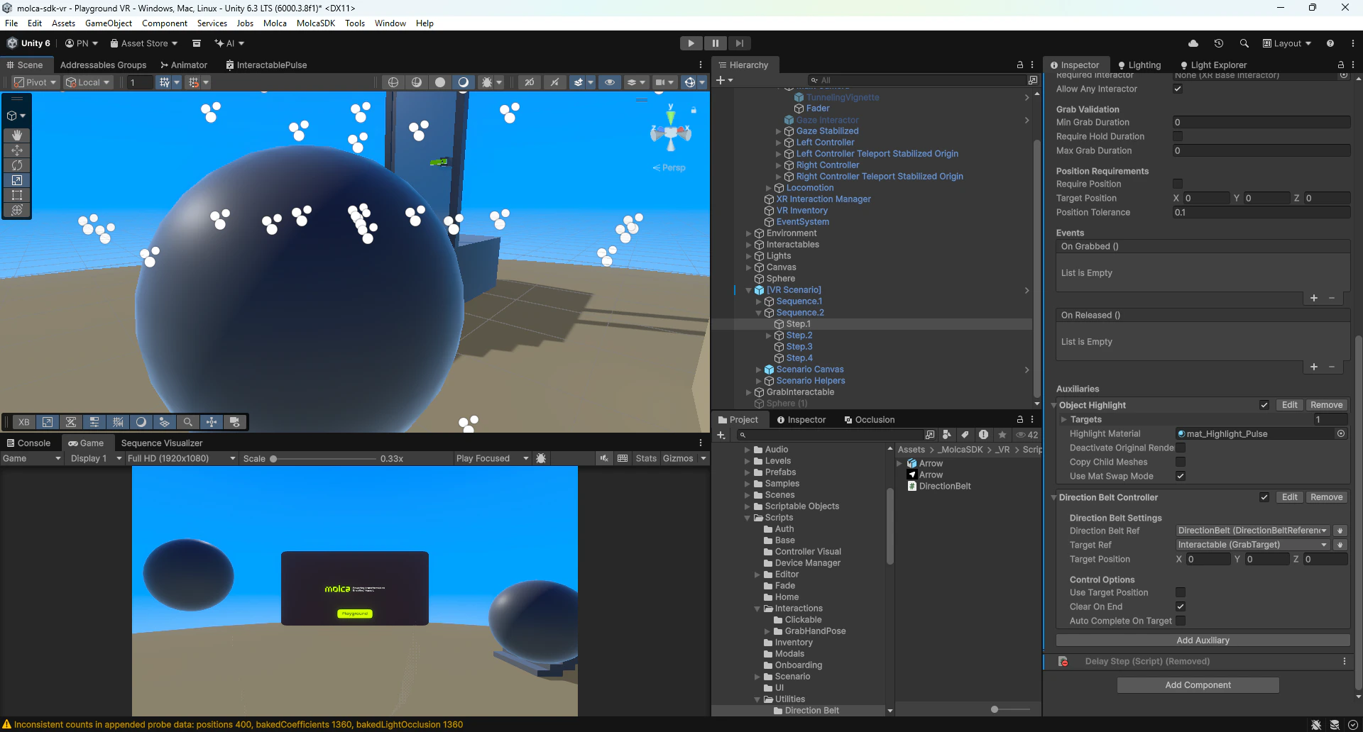Scene with grabbable object and components visible