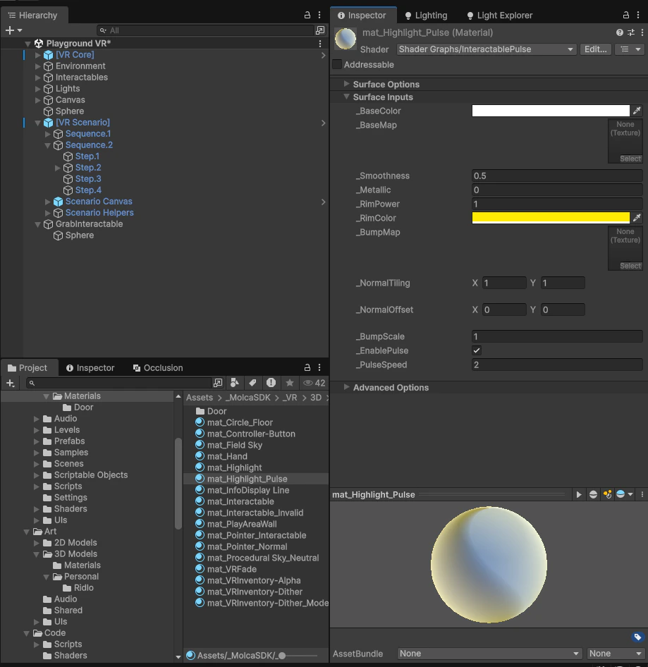 Grabbable object with rim light highlight material showing pulsing glow effect