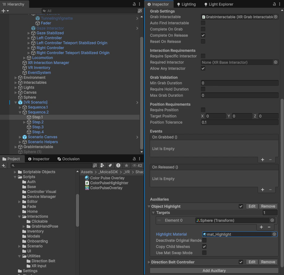 StepObjectHighlightAuxiliary configuration showing useMatSwapMode toggle and mode-specific options