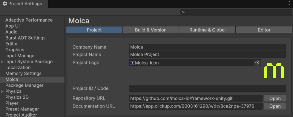Molca Project Settings Inspector