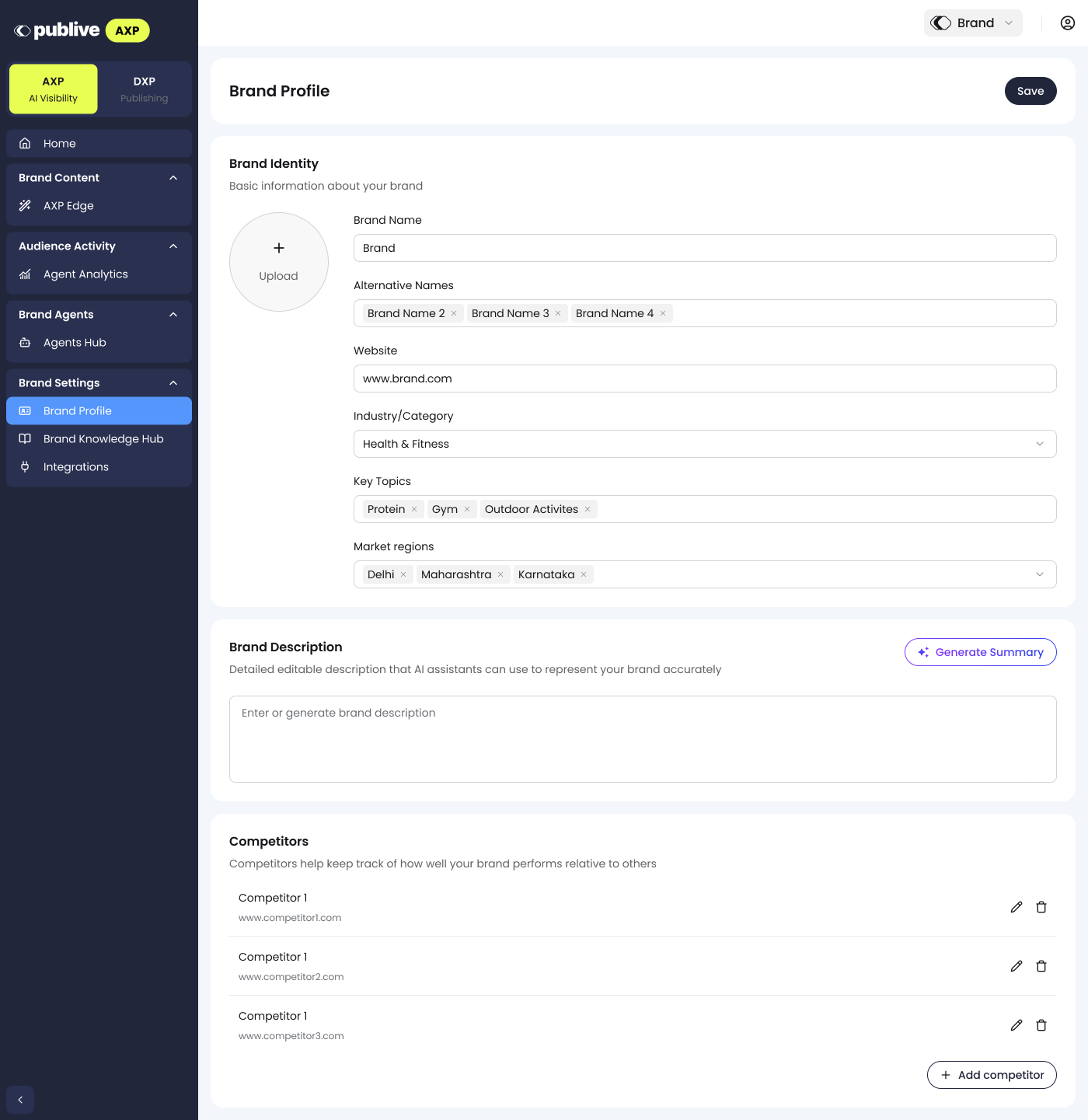 Brand Profile page showing brand identity, description, and competitor fields