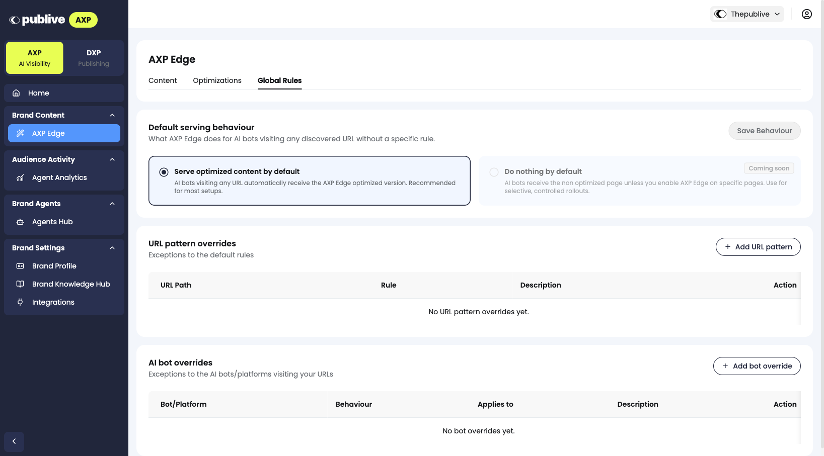 AXP Edge Global Rules tab showing default serving behaviour and URL/bot override tables
