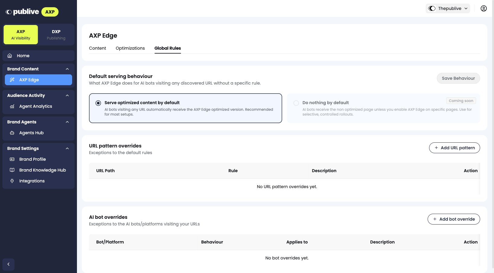 AXP Edge Global Rules tab showing default serving behaviour and URL/bot override tables