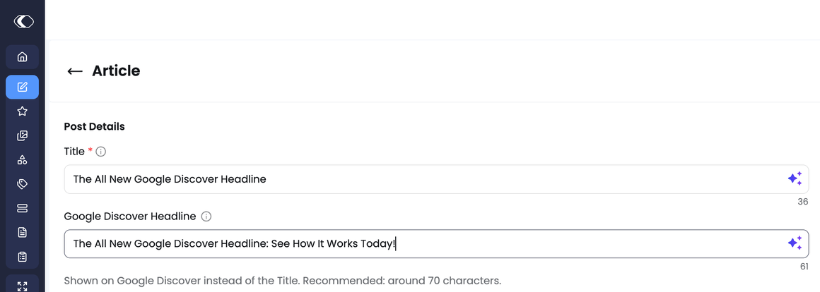 Google Discover Headline field shown directly below the Title field in Post Details, with a character counter and AI-generate icon