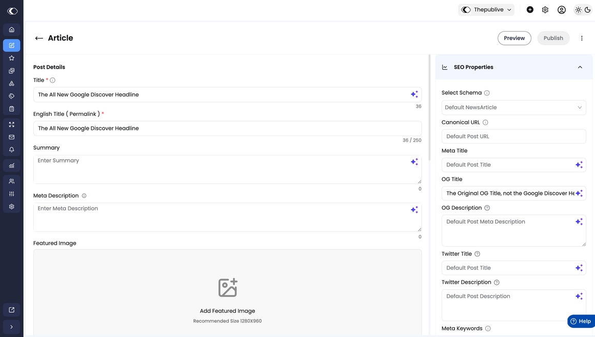 SEO Properties panel showing the original OG Title field, before Google Discover Headline is enabled
