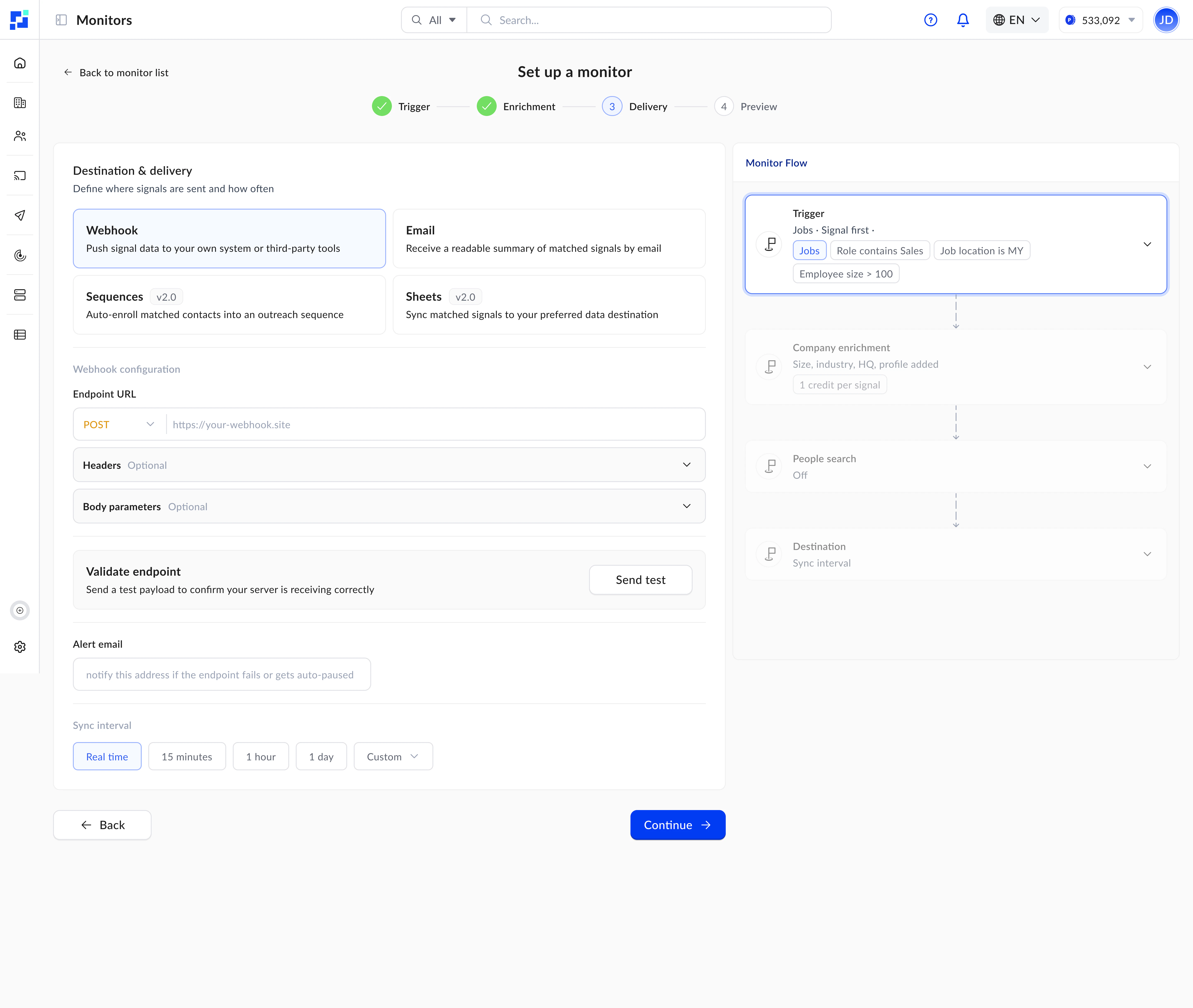 모니터 설정 — 대상 유형 선택, Webhook 또는 이메일 구성, 동기화 간격 설정