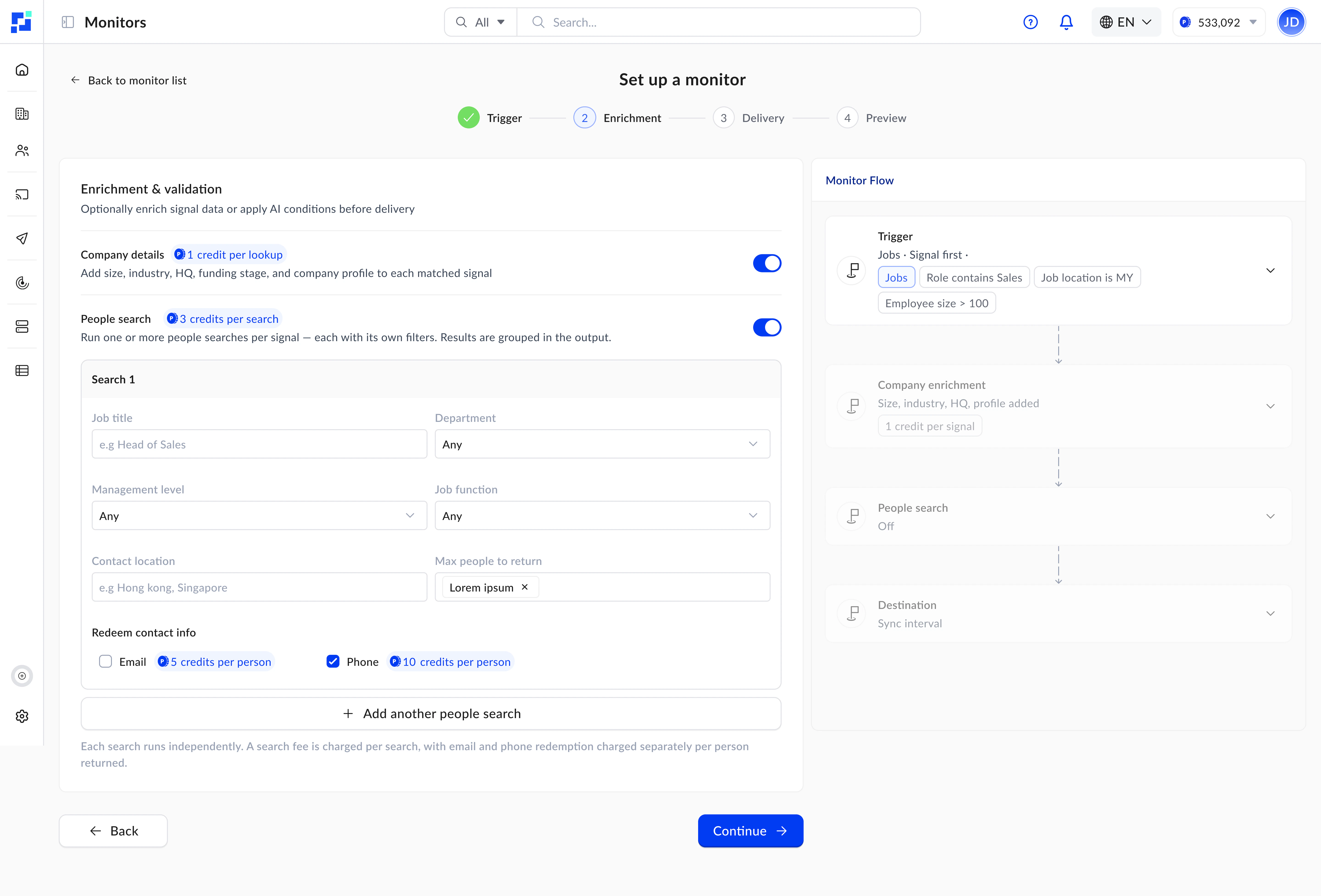 모니터 설정 — 회사 데이터 보강 및 인물 검색 레이어 구성