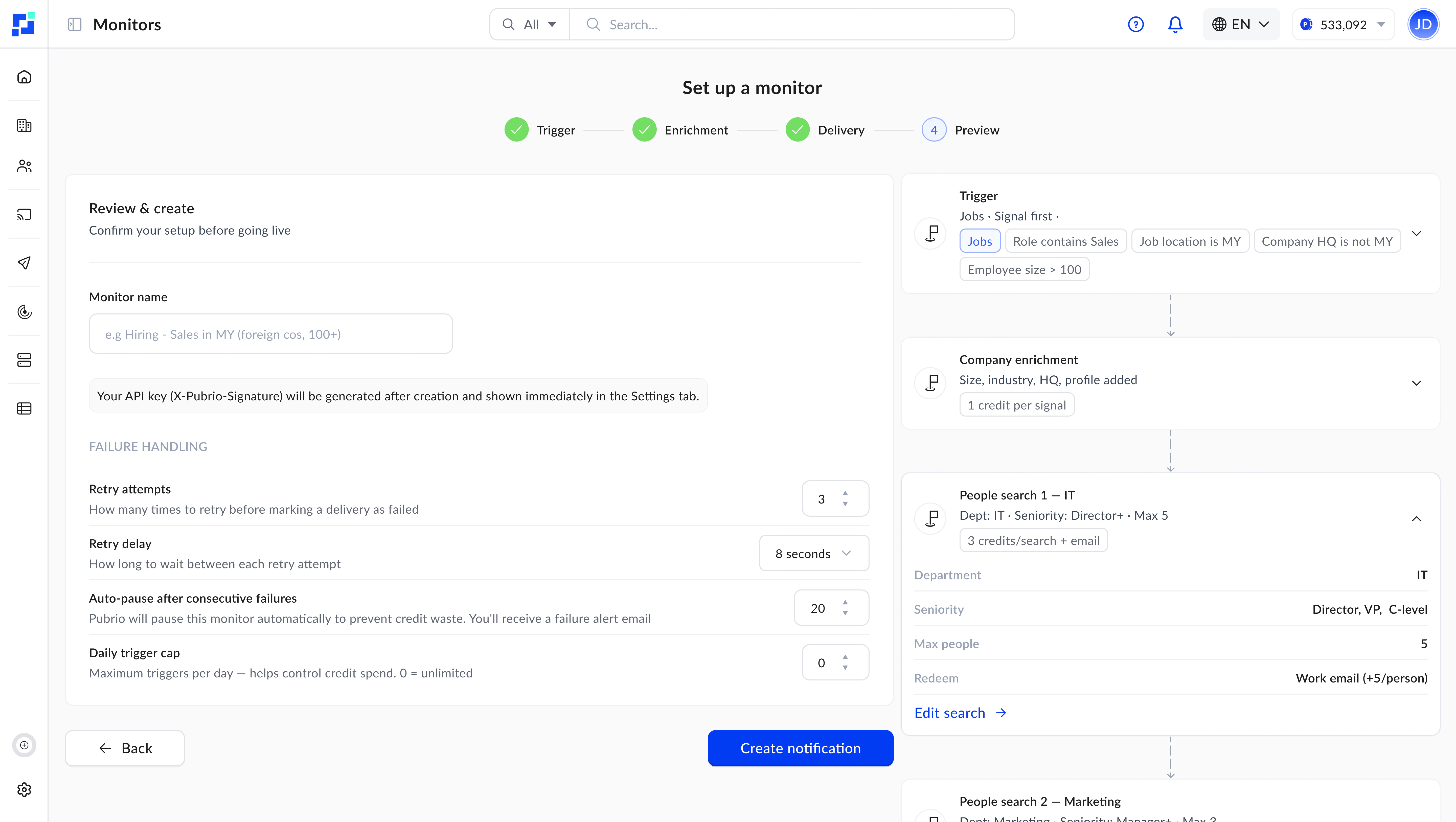 모니터 설정 — 구성 확인, 실패 처리, 모니터 생성
