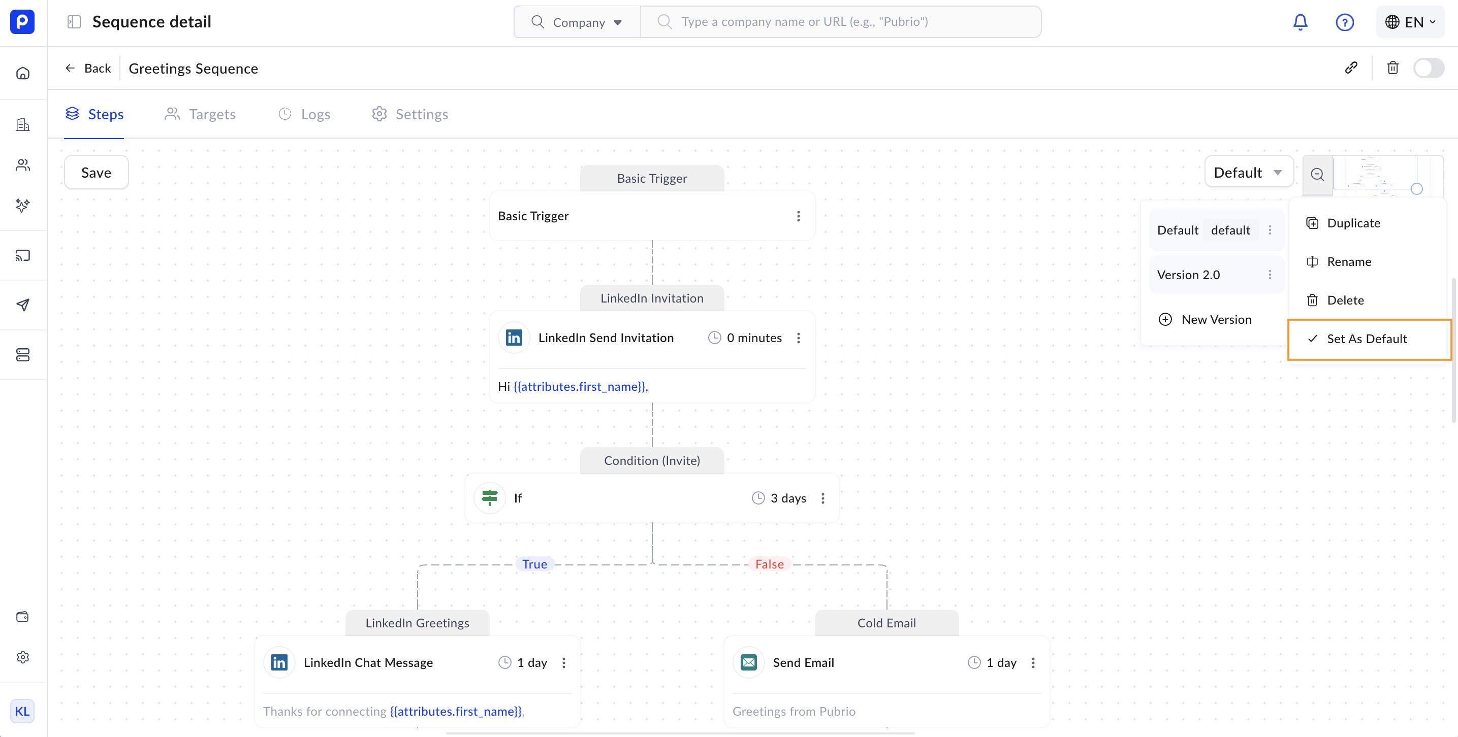 Sequence Step Default Version