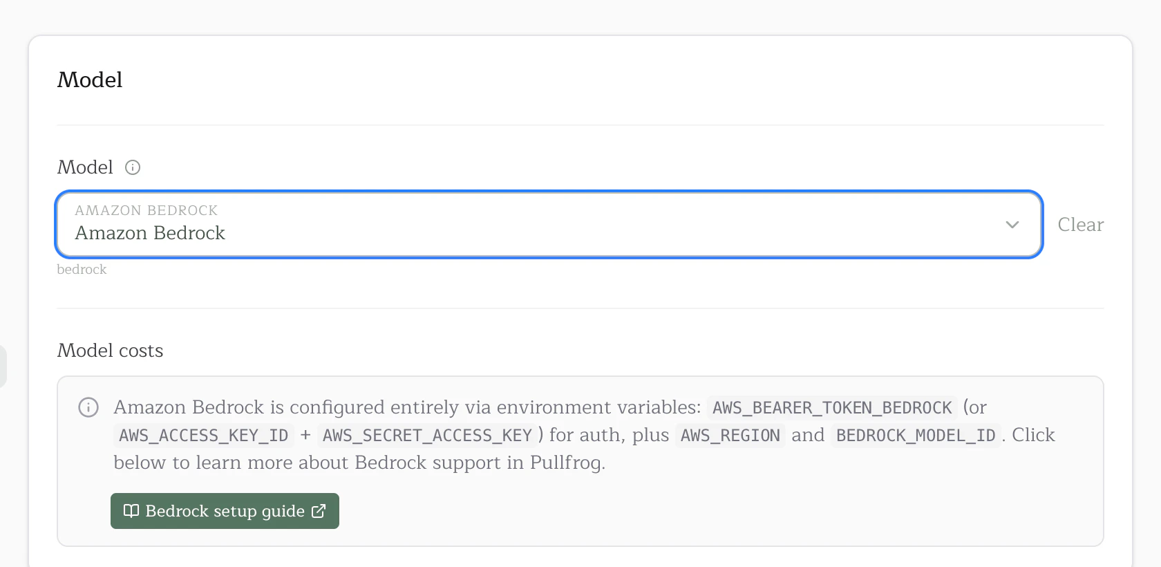 Amazon Bedrock selected in the Pullfrog console model dropdown