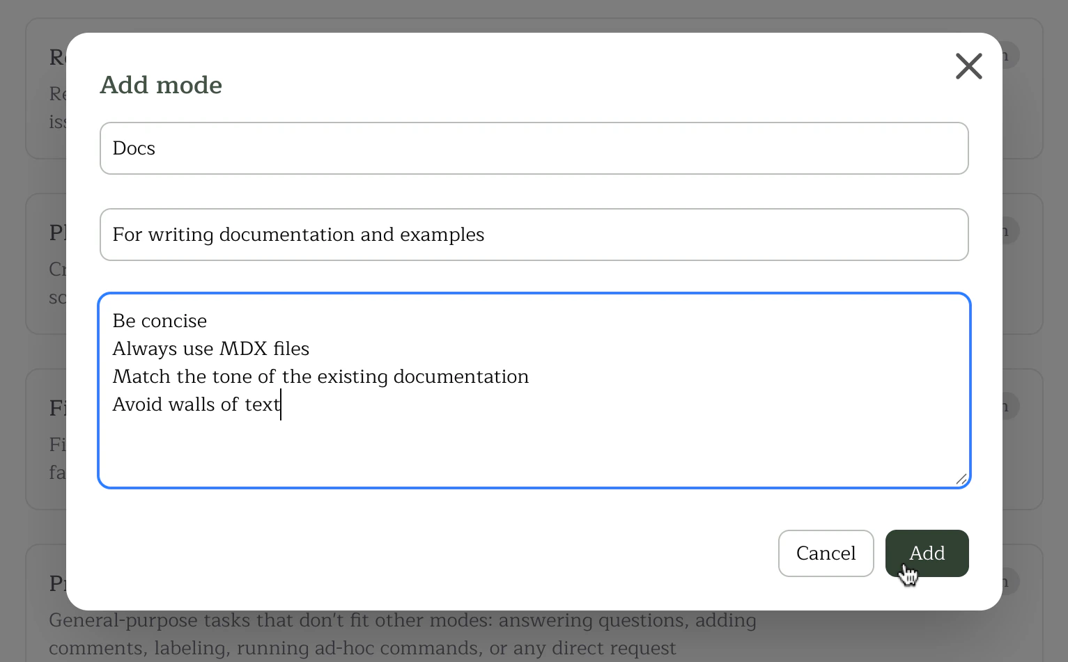 Custom modes in the Pullfrog dashboard