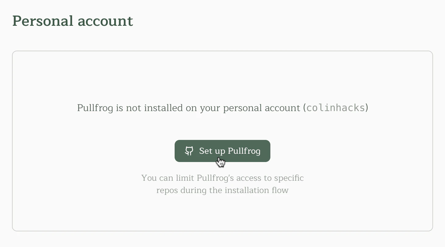 Install Pullfrog GitHub App on personal account