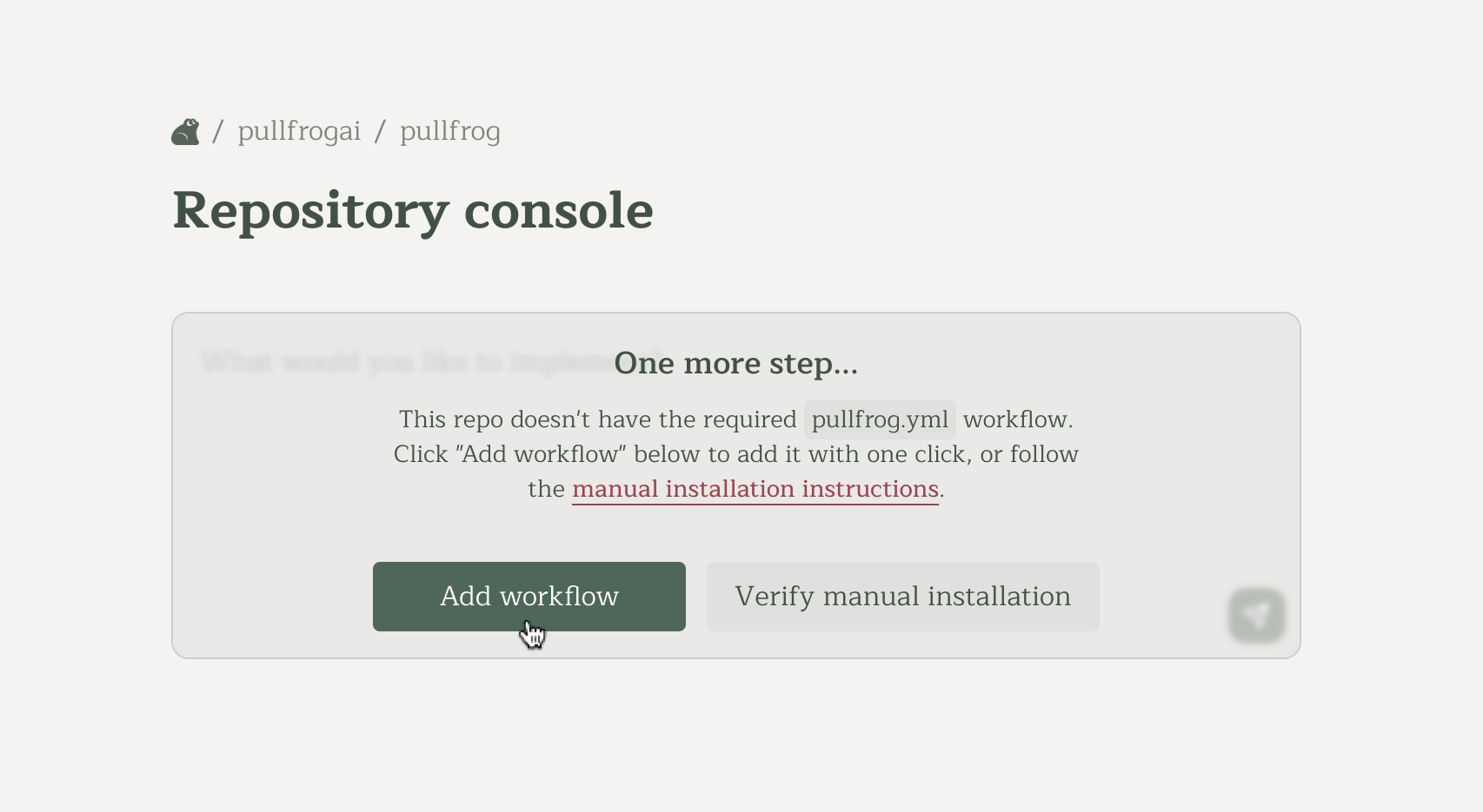 Add pullfrog.yml workflow file with one click