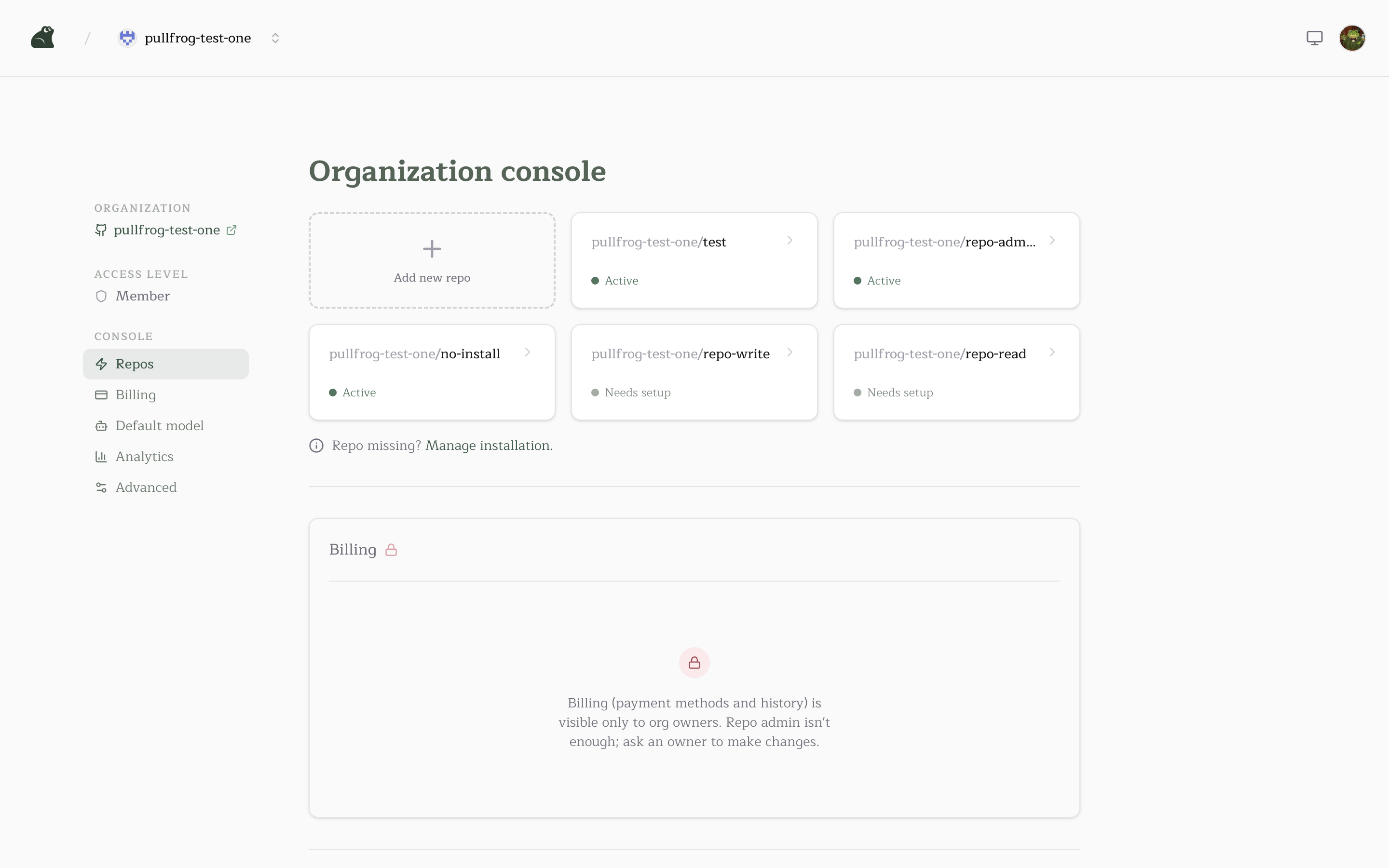The organization console as an org member, with the Billing card locked