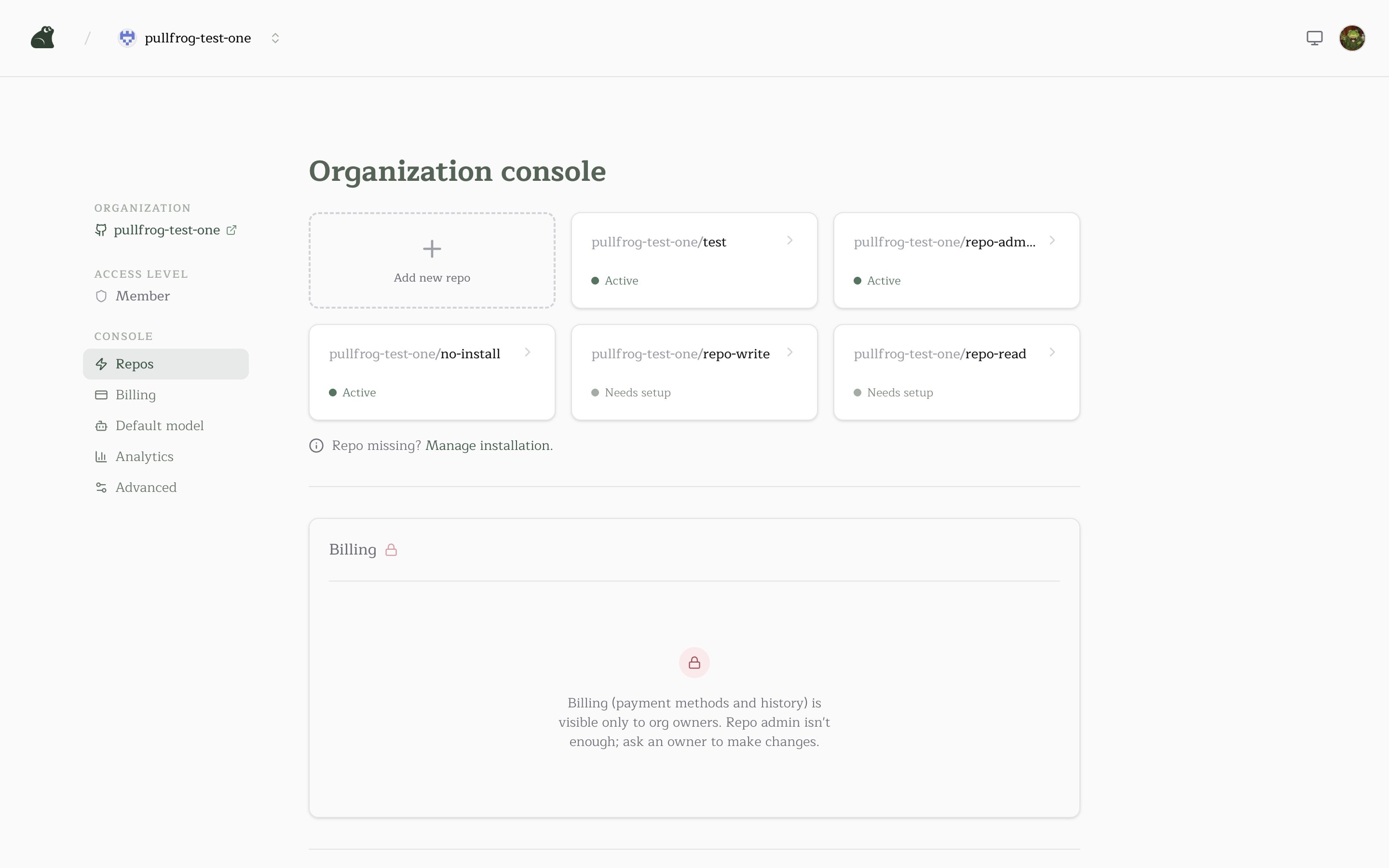 The organization console as an org member, with the Billing card locked