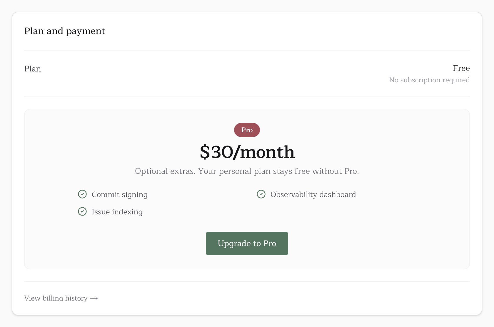 The Plan and payment card on a free personal account, with the Upgrade to Pro offer
