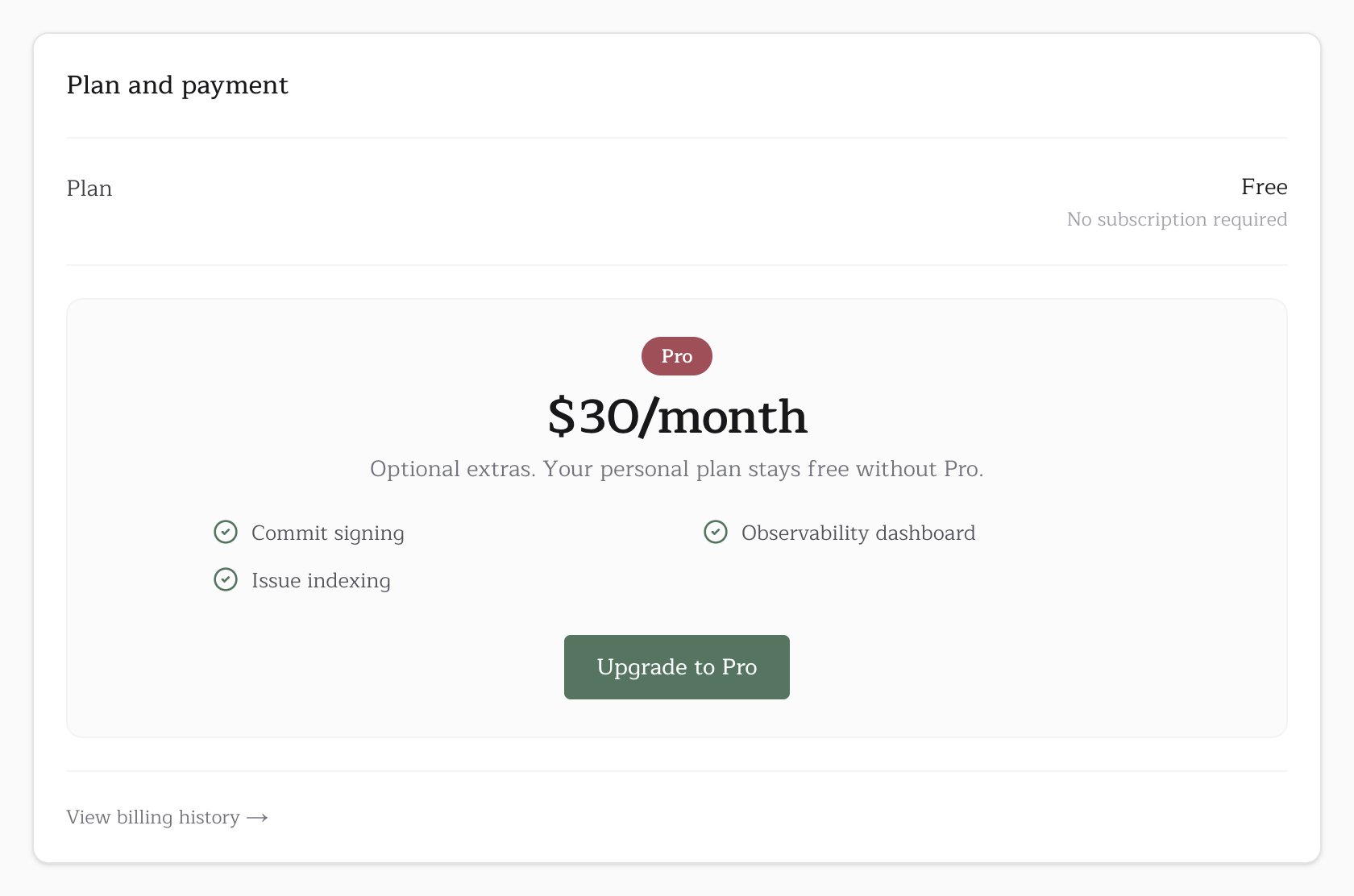 The Plan and payment card on a free personal account, with the Upgrade to Pro offer