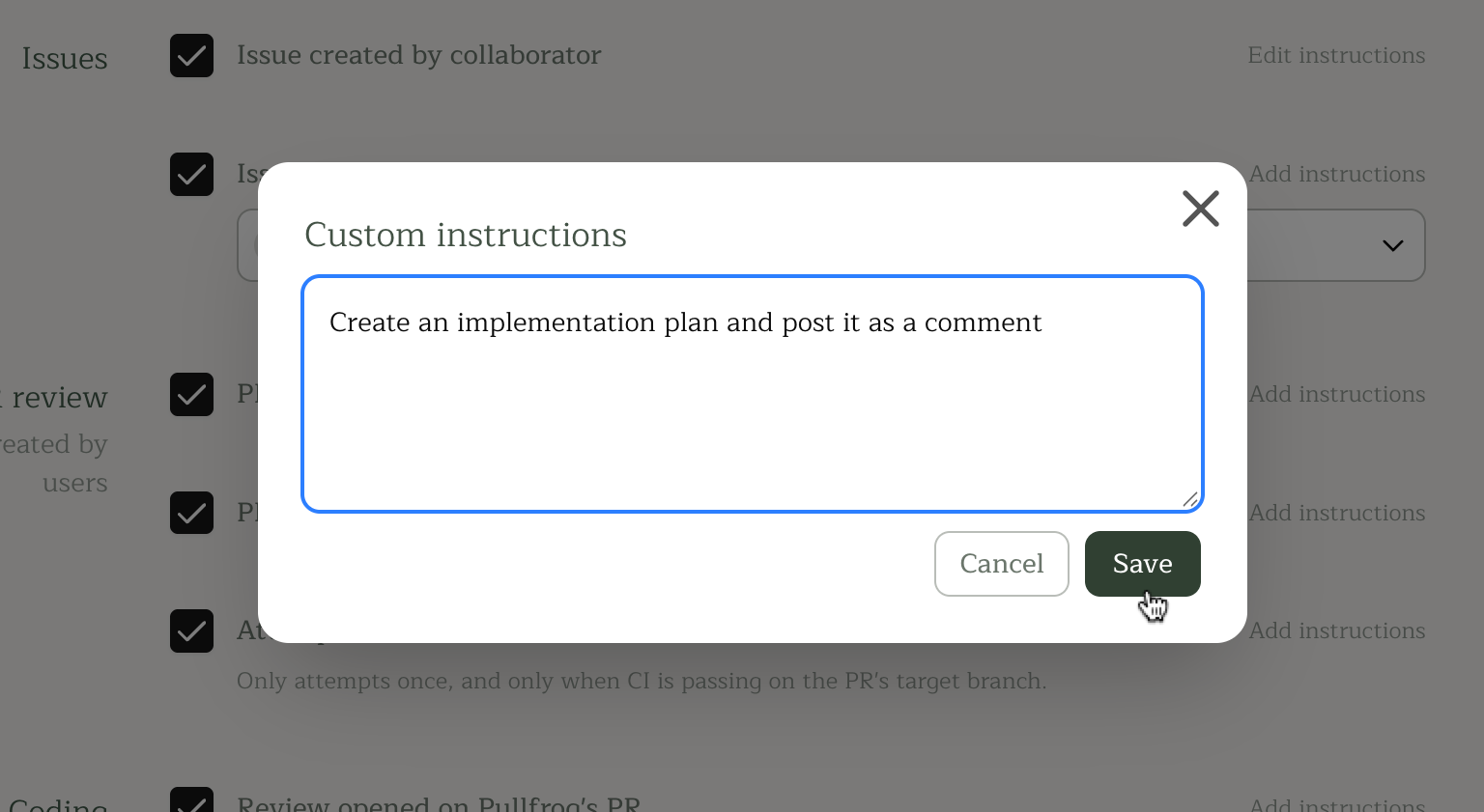Custom instructions in the Pullfrog dashboard