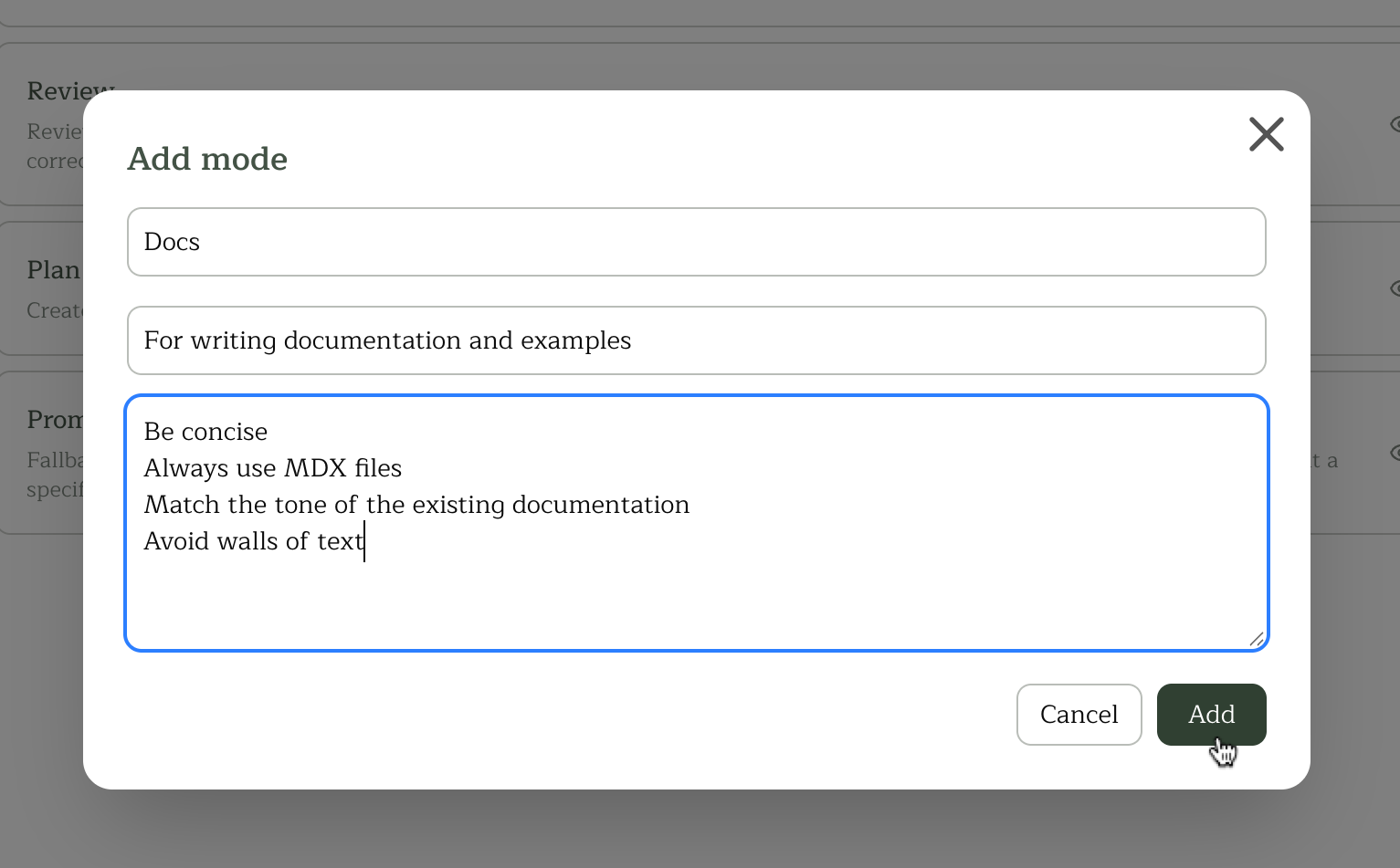 Custom modes in the Pullfrog dashboard