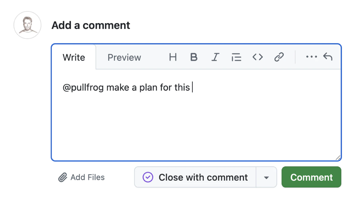 Mentioning @pullfrog in a GitHub comment