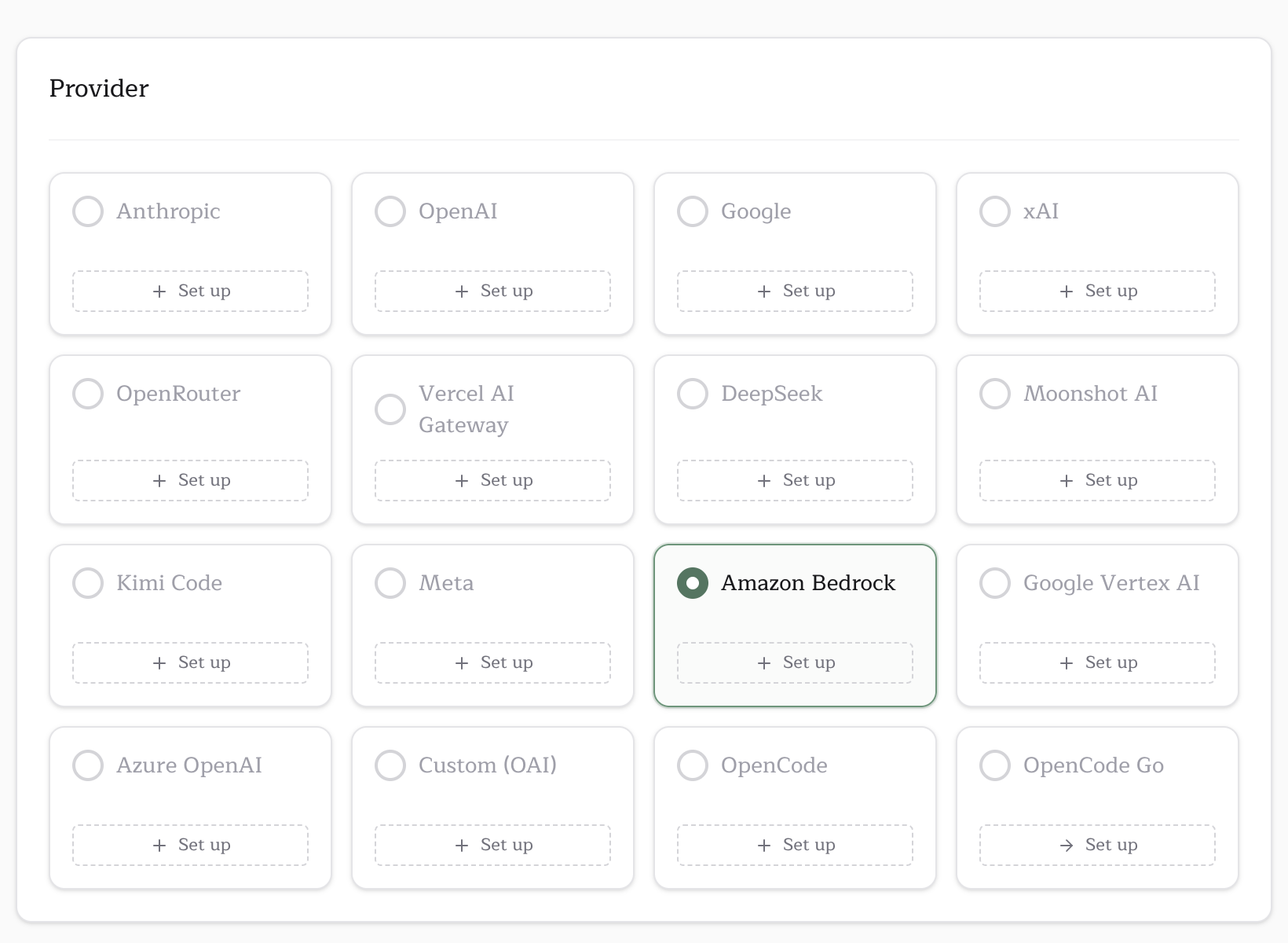 Amazon Bedrock picked on the Pullfrog console Provider card