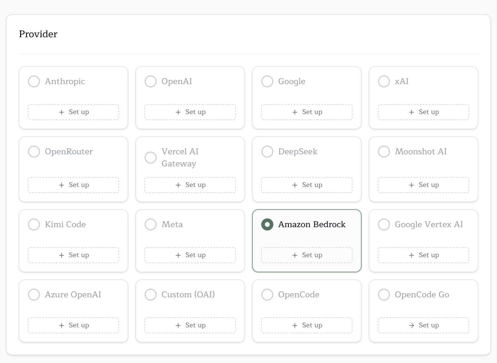 Amazon Bedrock picked on the Pullfrog console Provider card